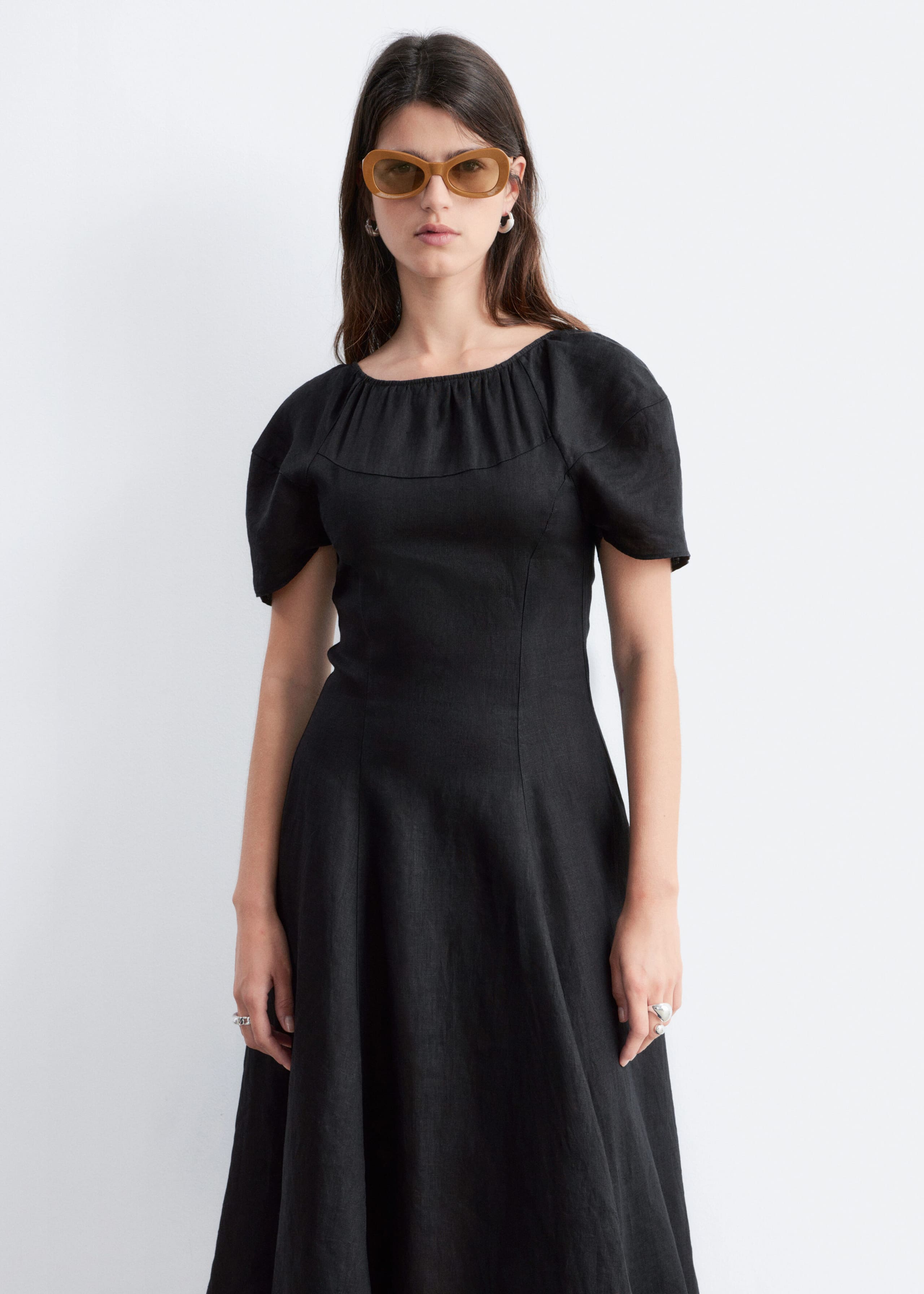 Flared Linen Midi Dress - Light Blue - Lookbook