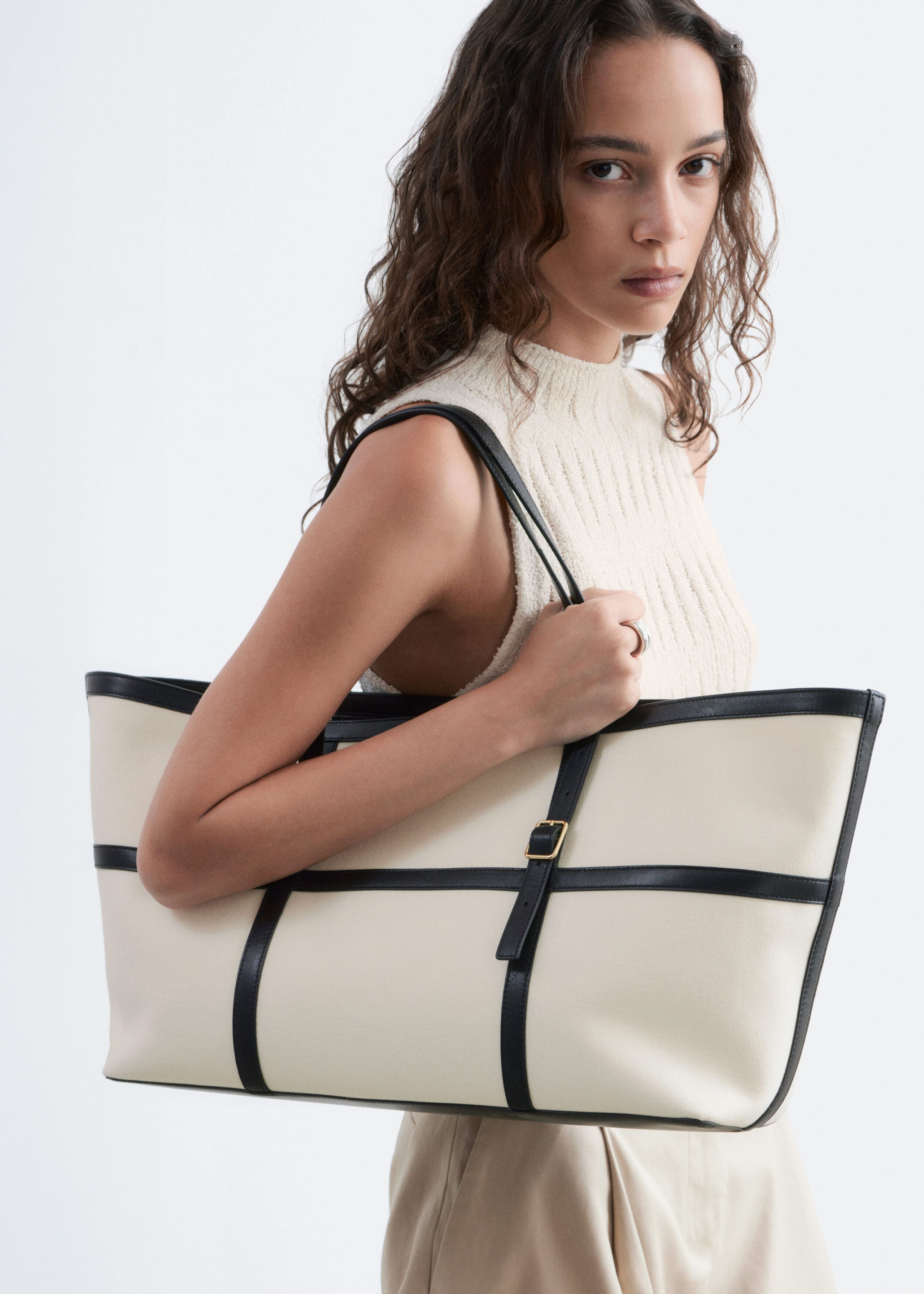 Leather-Trimmed Canvas Tote Bag - White/Black - Still Life