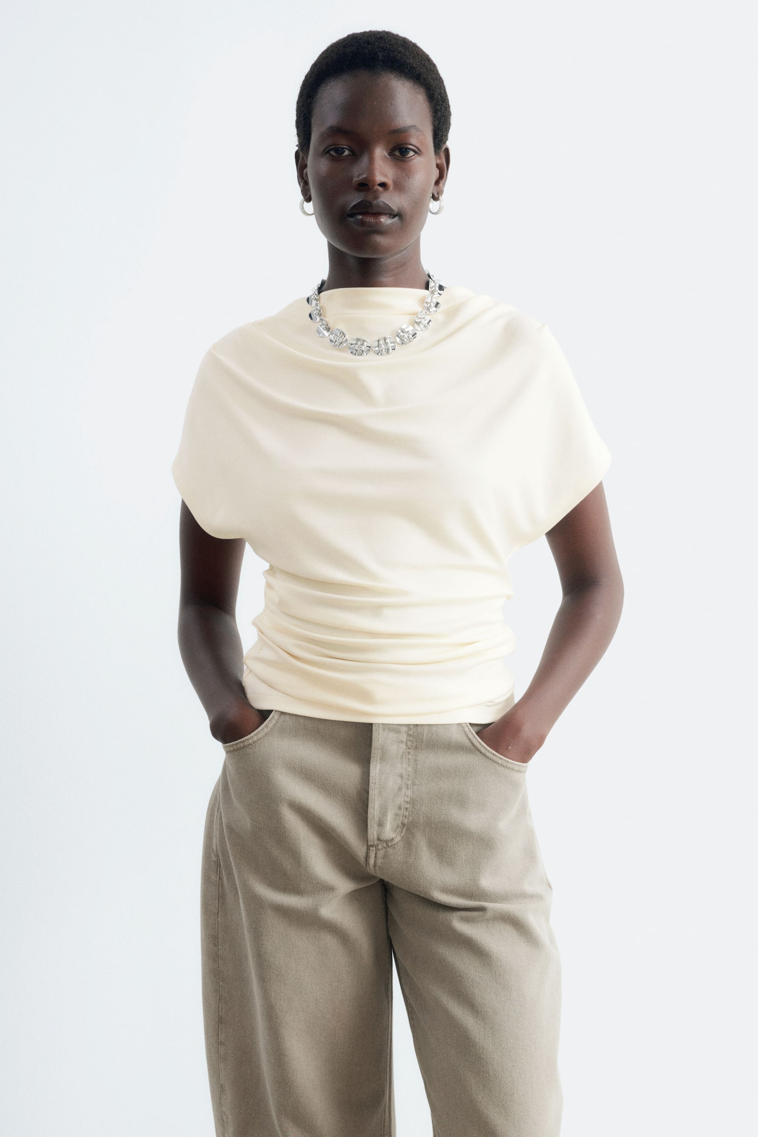 Draped Cowl-Neck Top - White/Black/Dark Red - 1