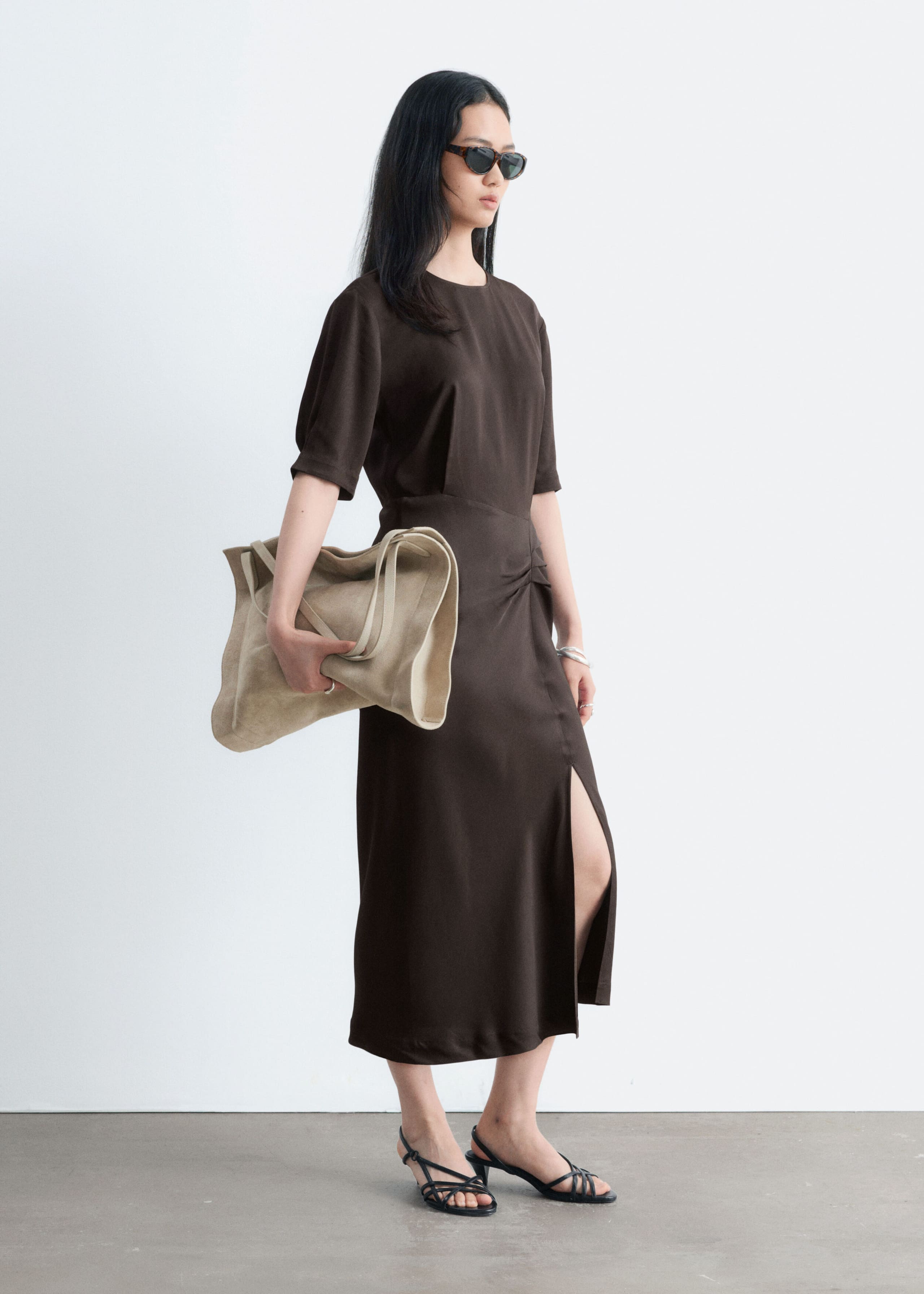 Pleat-Detail Midi Dress - Dark Brown - Lookbook