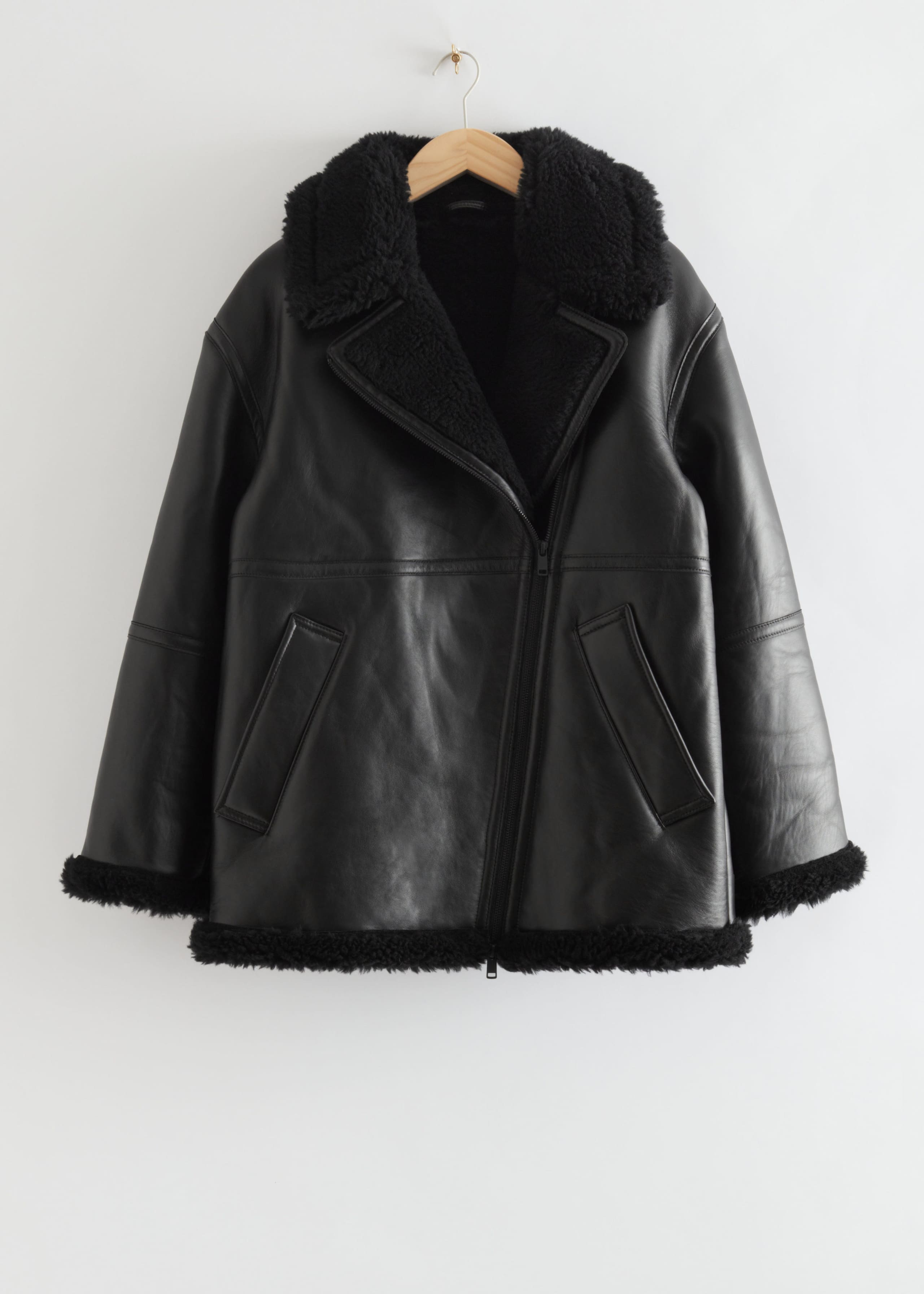 Oversized Leather Shearling Jacket - Black - Still Life