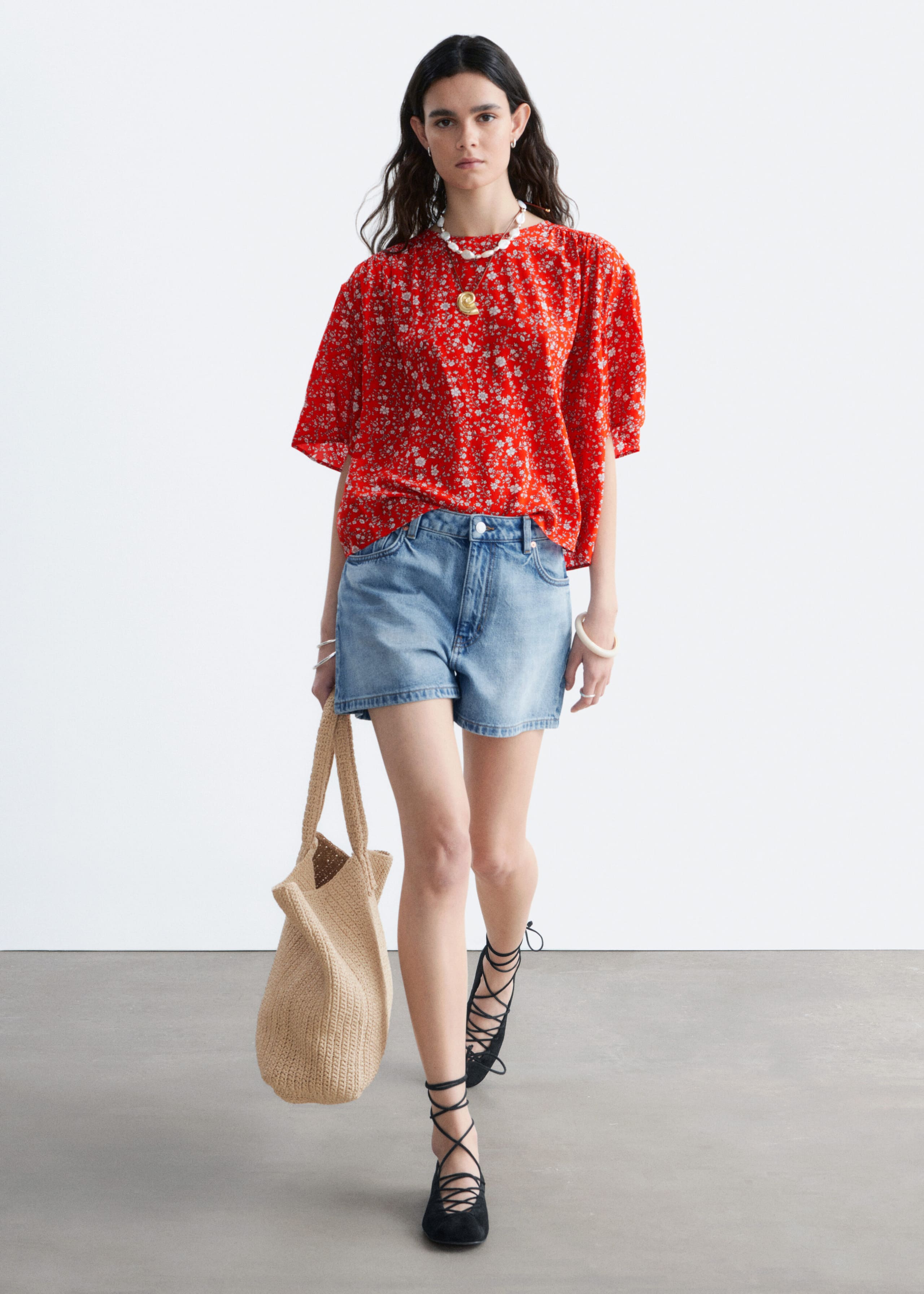 Gathered Crepe Blouse - Red/Floral - Lookbook