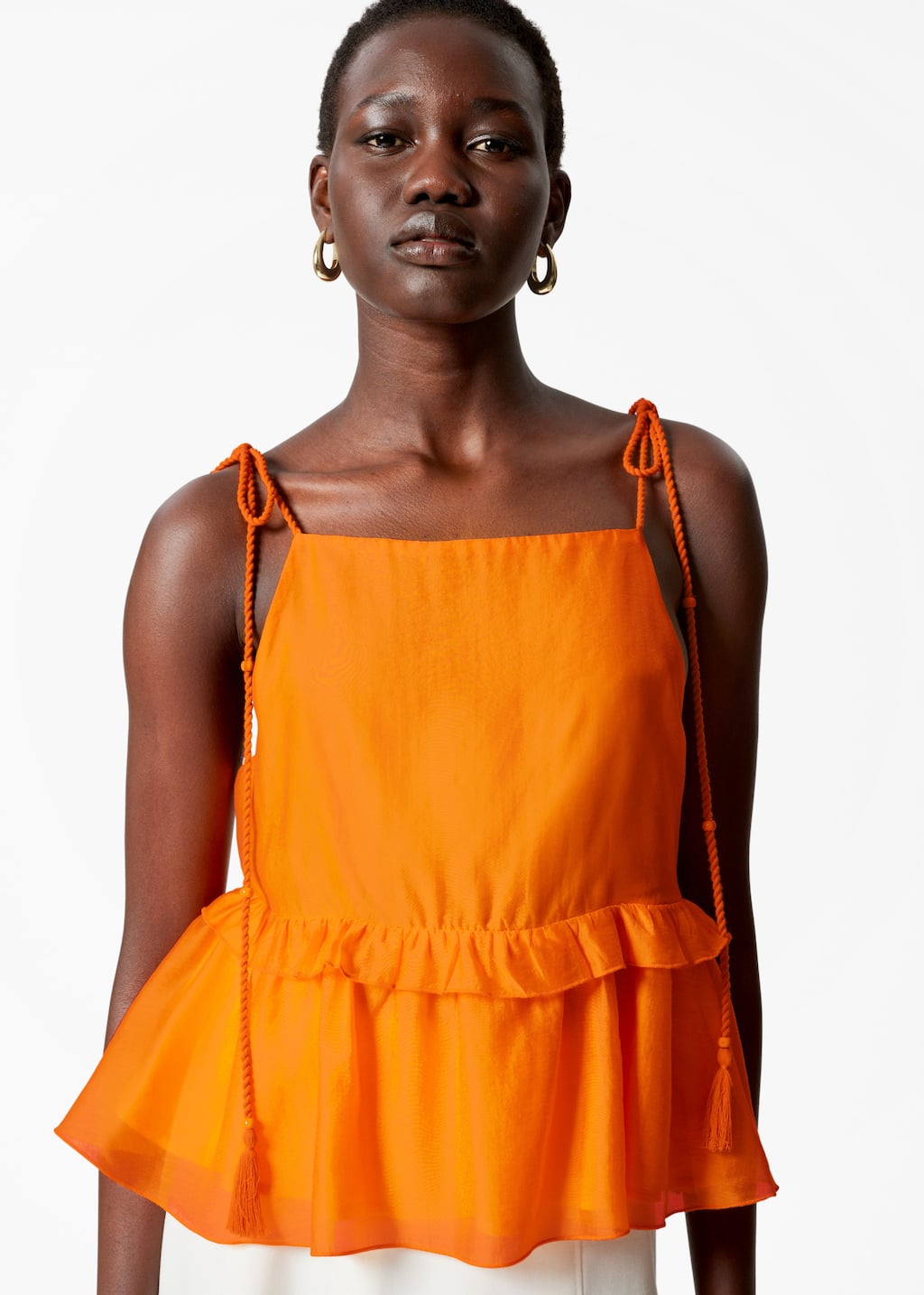 Peplum-Frill Strap Top - Orange - Lookbook