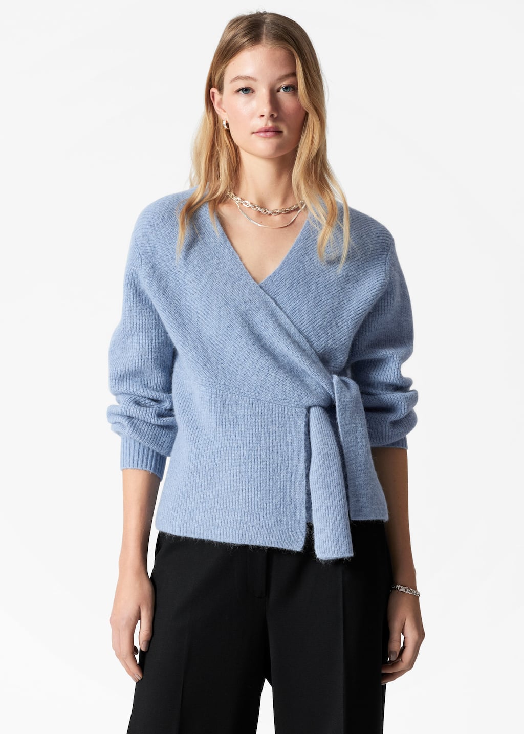 Alpaca-Blend Knitted Wrap Cardigan - Blue - Lookbook