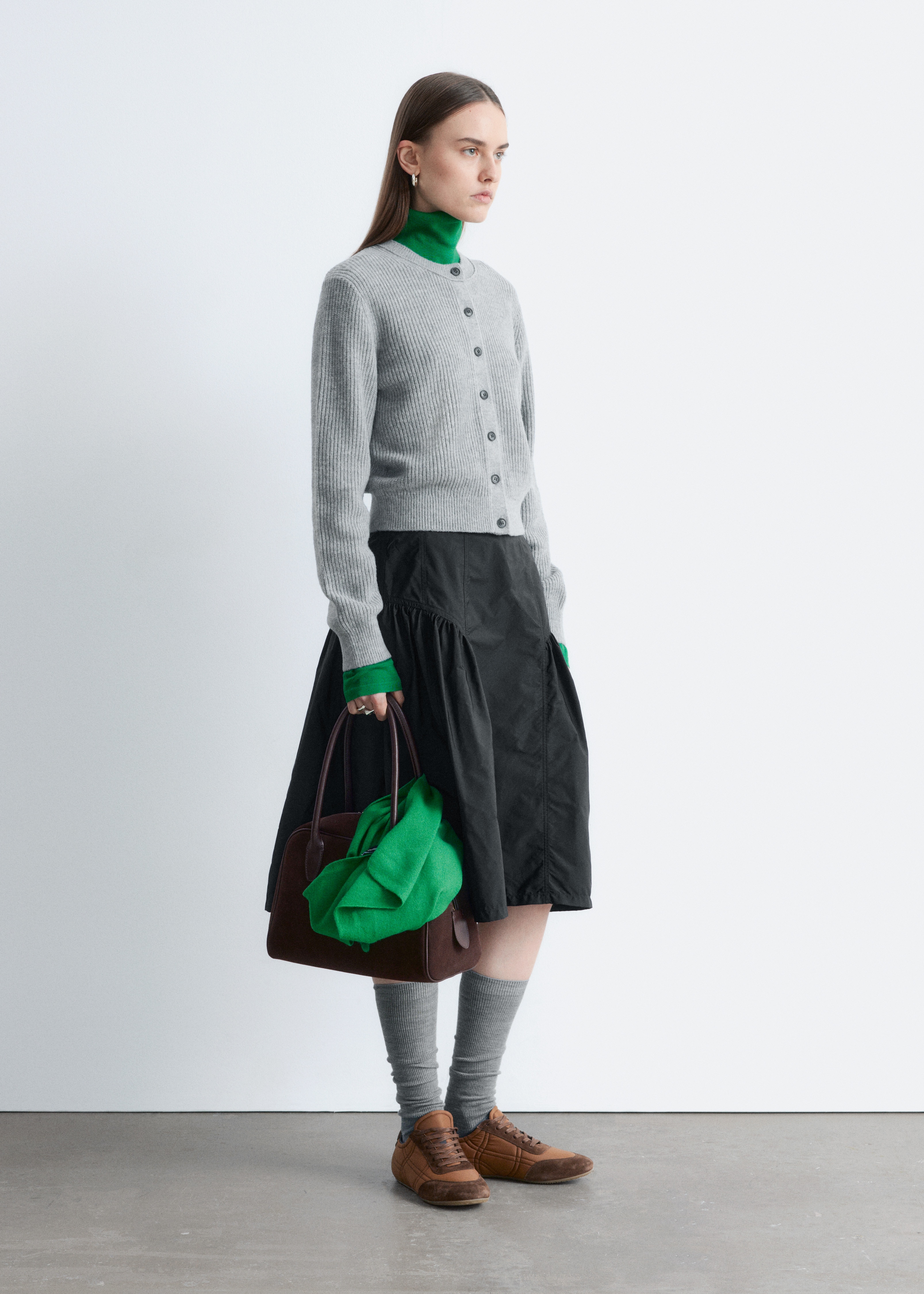 Ribstrikket cardigan - Gråmeleret/Marineblå/Grøn