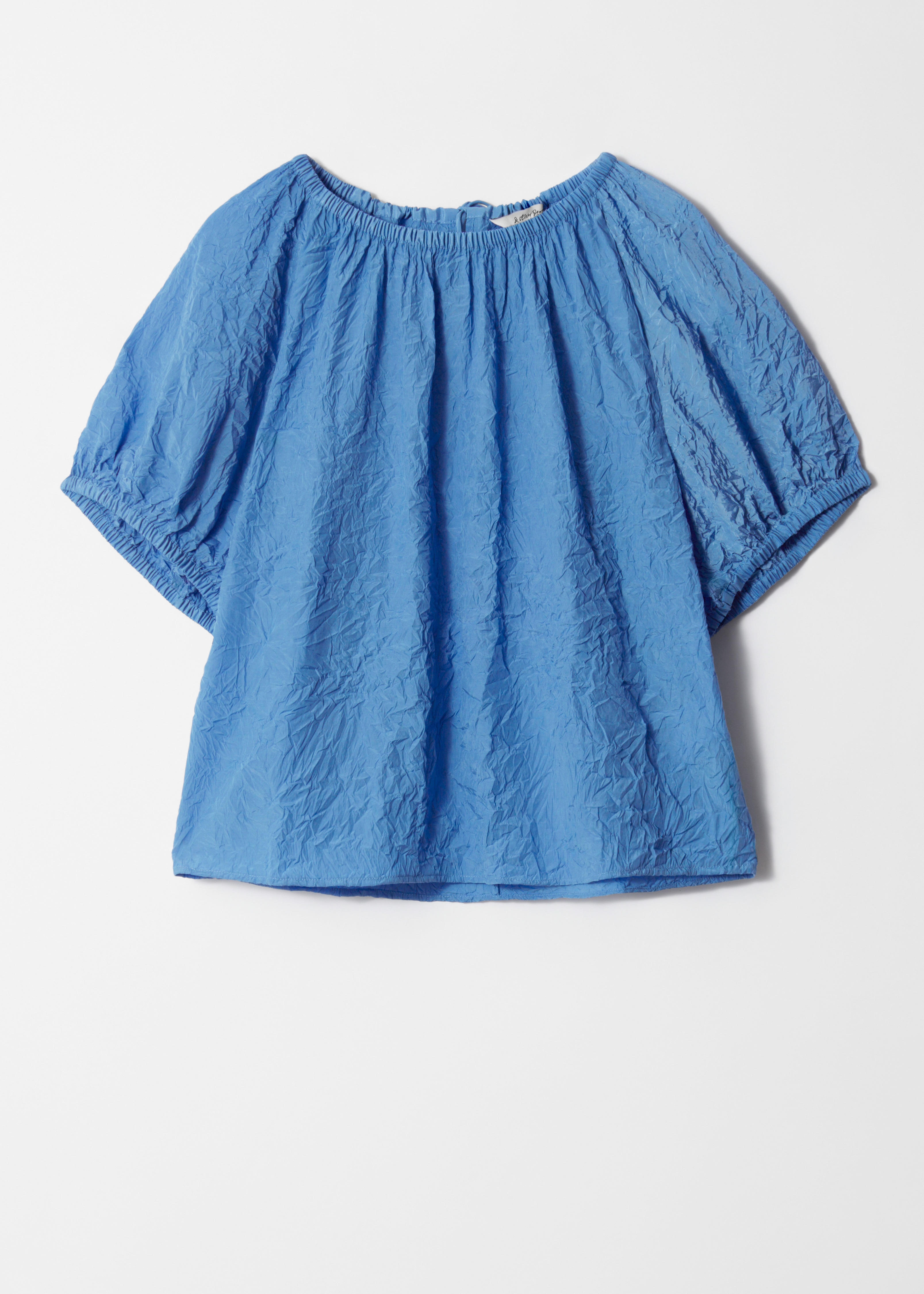 Textured Short-Sleeve Blouse - Bleu/Beige