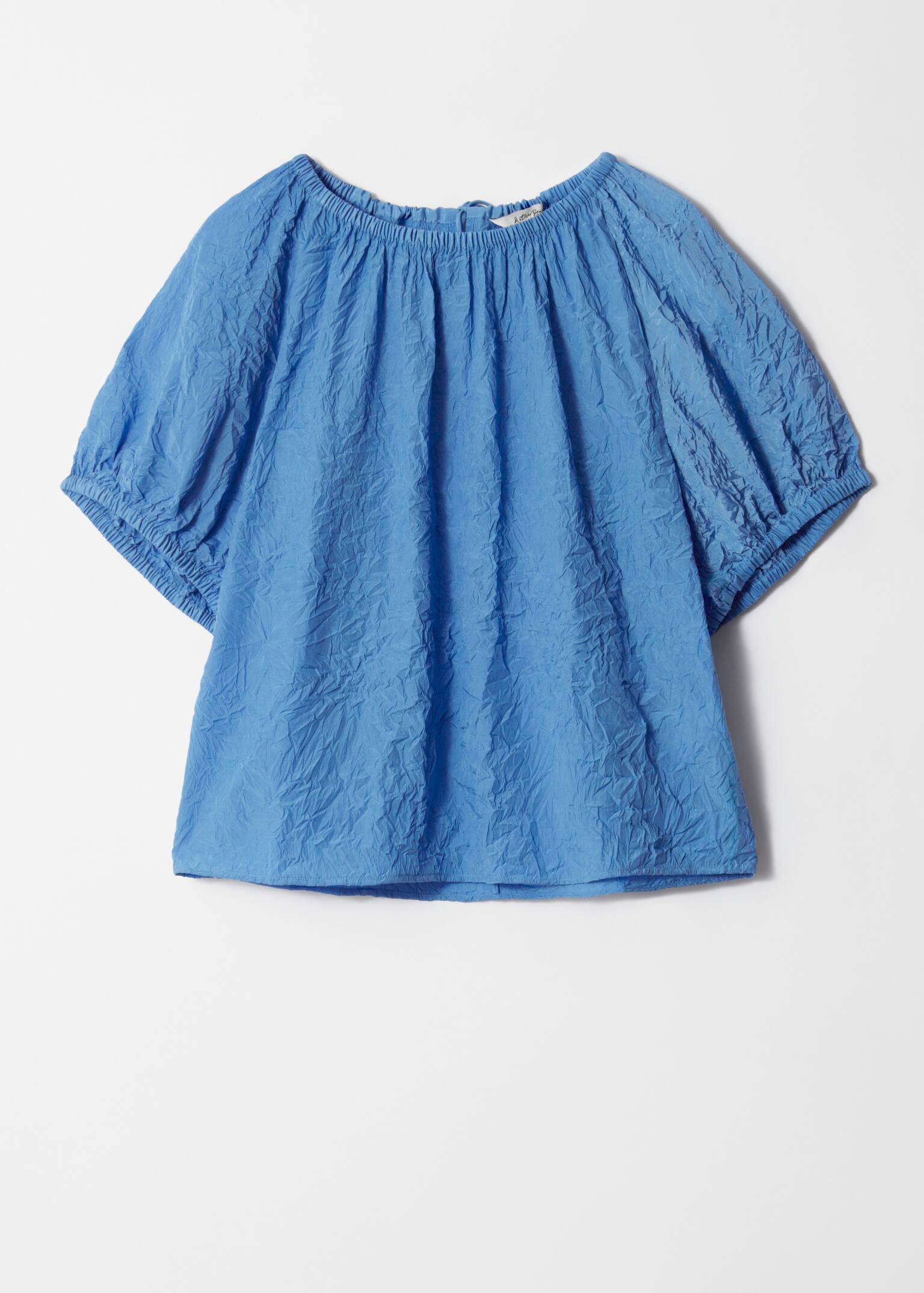 Textured Short-Sleeve Blouse - Albastru/Bej - 2