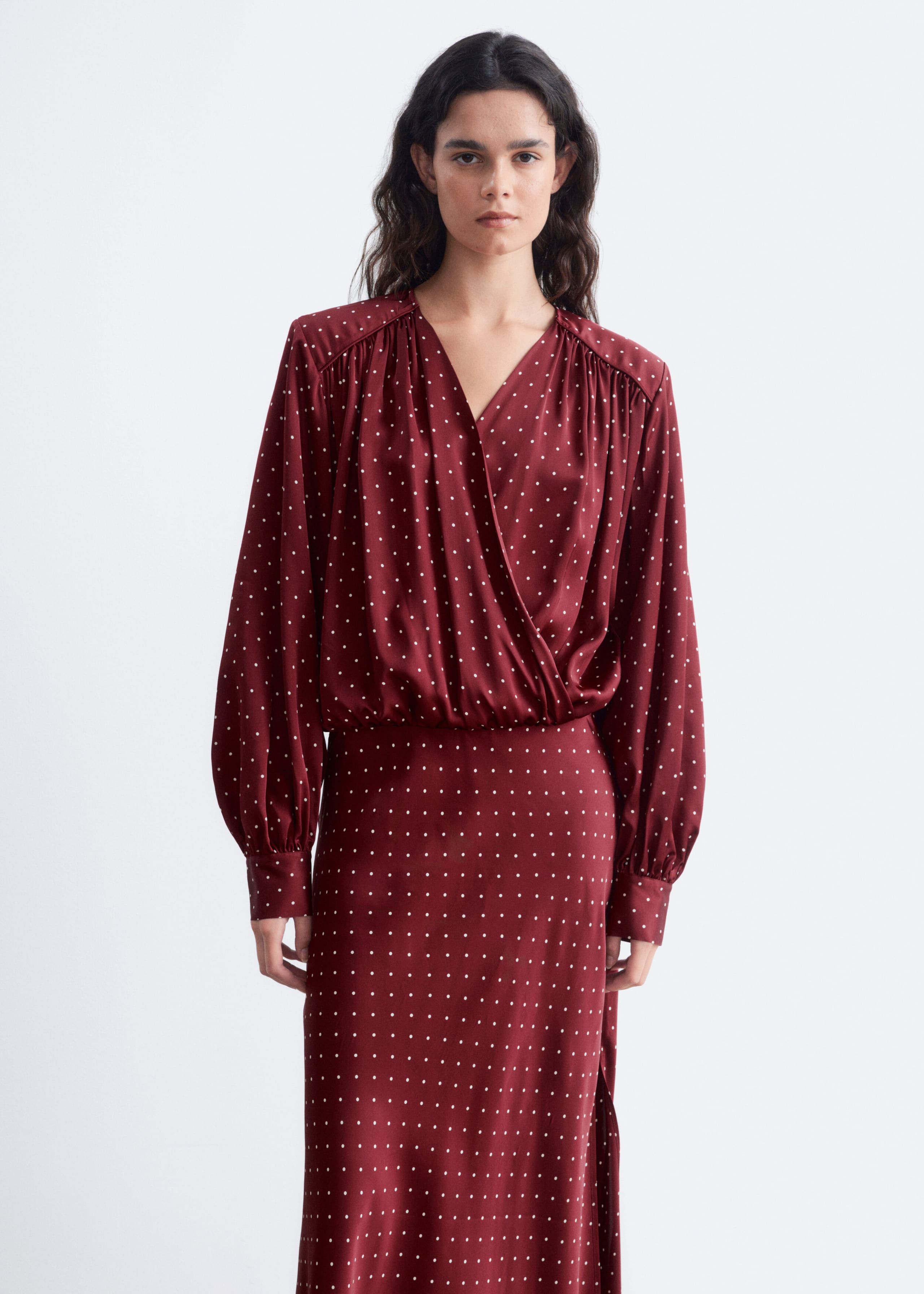 V-Neck Wrap Dress - Dark Red/Dots - Lookbook