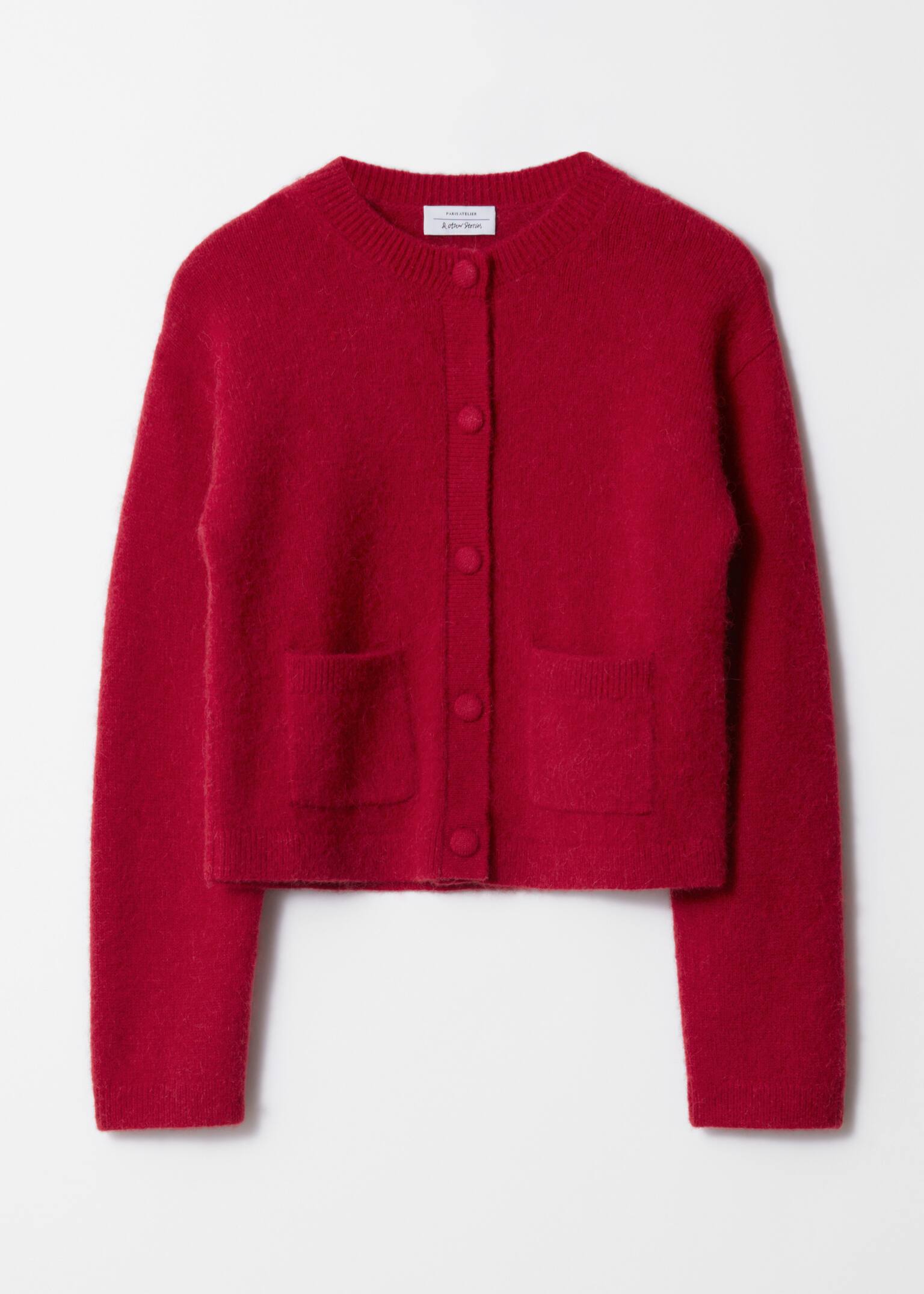 Kastenförmige Strickjacke mit Rundhalsausschnitt - Rot/Schwarz/Elfenbein