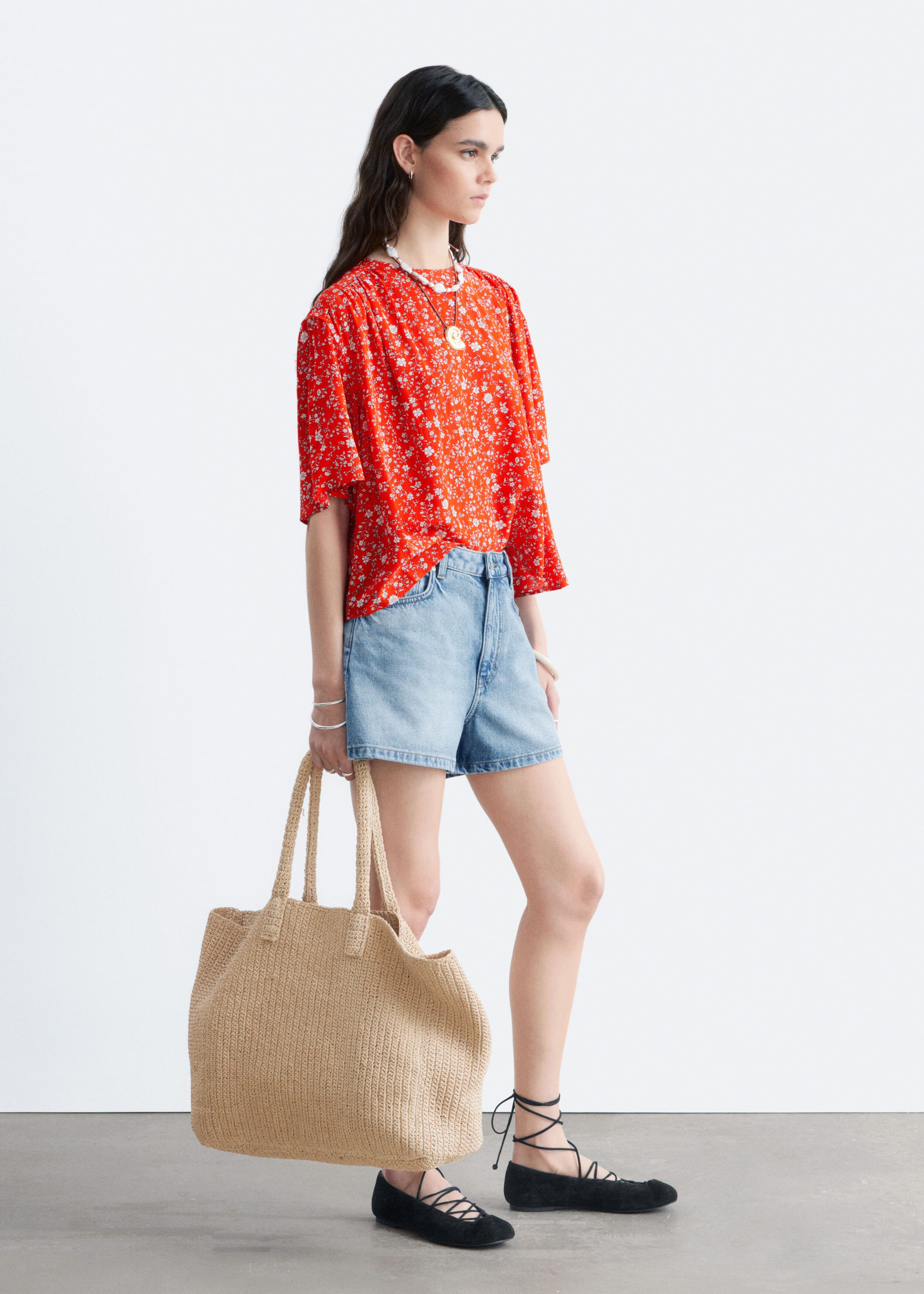 Gathered Crepe Blouse - Red/Floral - Lookbook