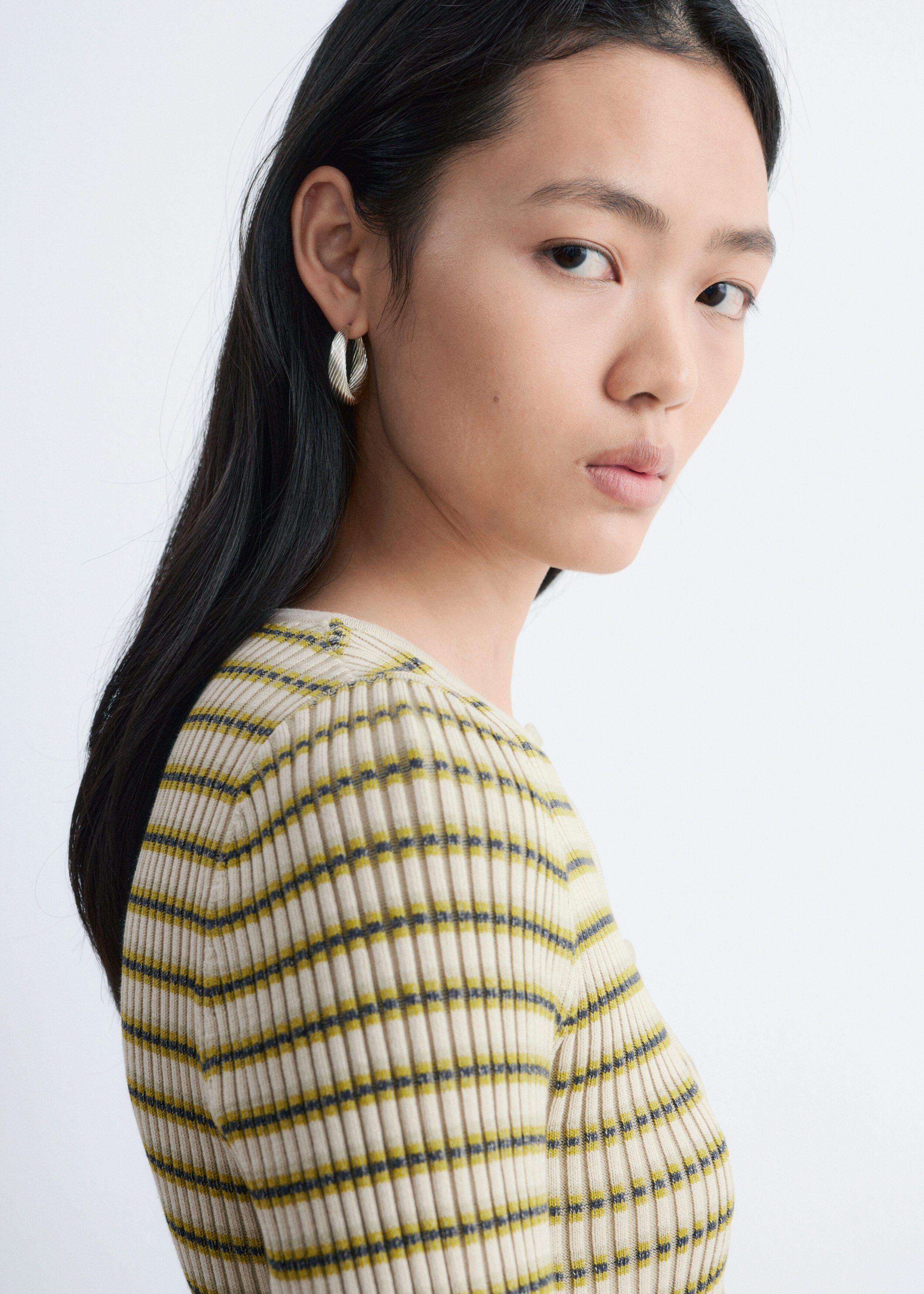 Keyhole-Front Rib-Knit Cardigan - White/Green Stripes - & Other