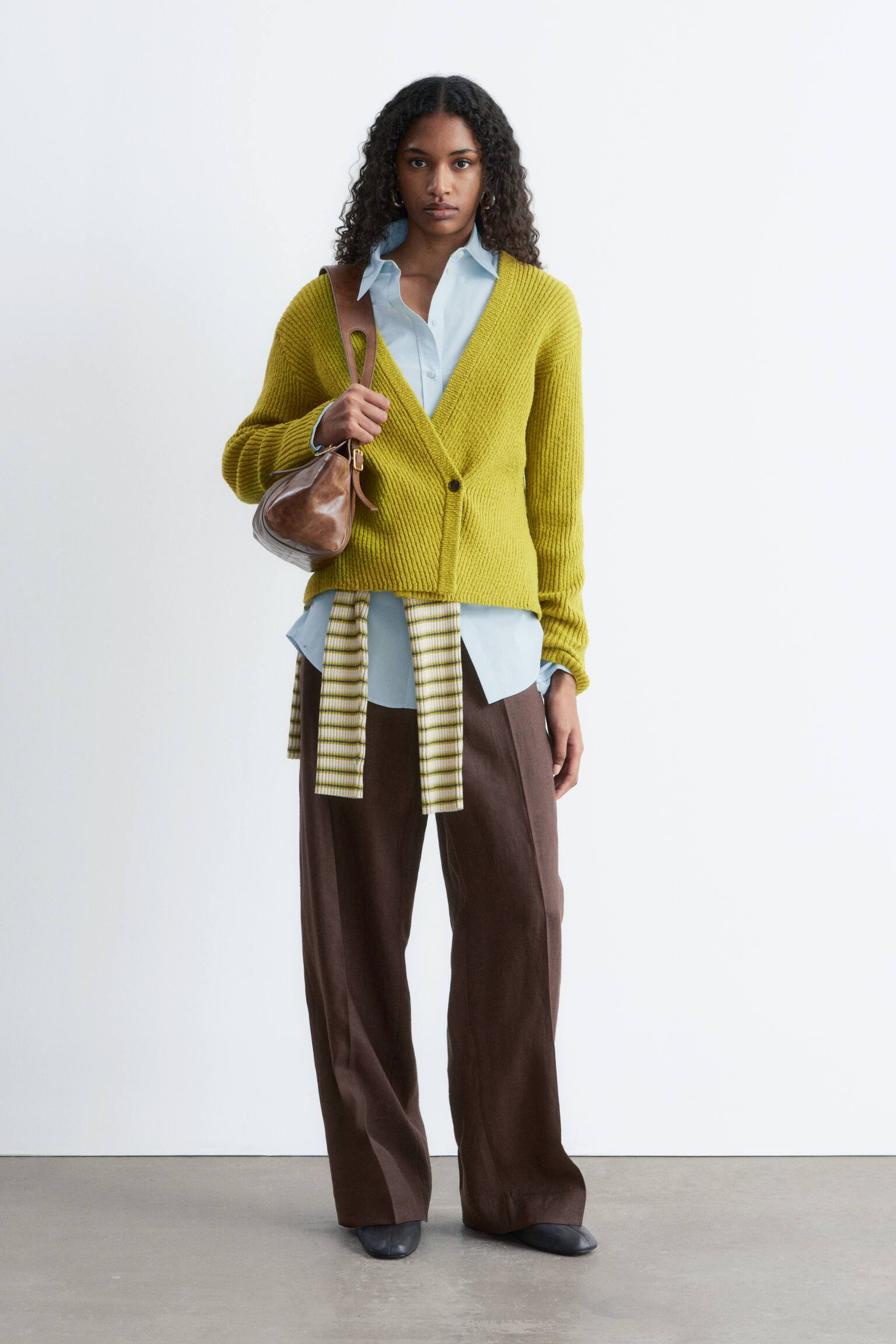 Rippstrickjacke aus Baumwolle - Chartreuse/Weiß/Grau - 5