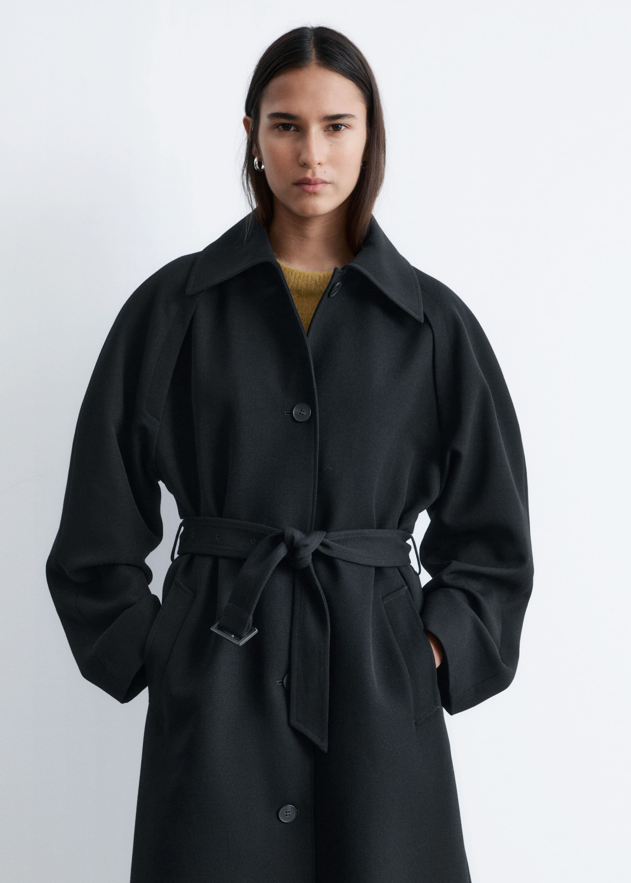 Tie-Belt Wool Trench Coat - Black - Lookbook
