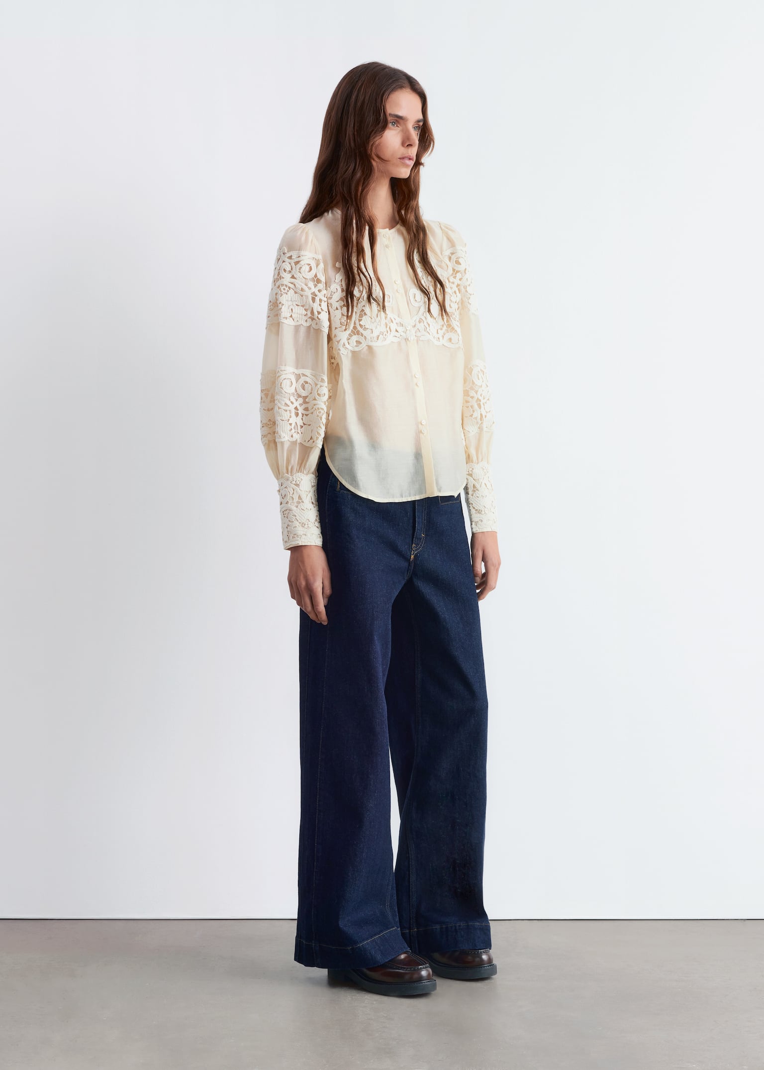 Lace-Embroidery Blouse - Cream - 5