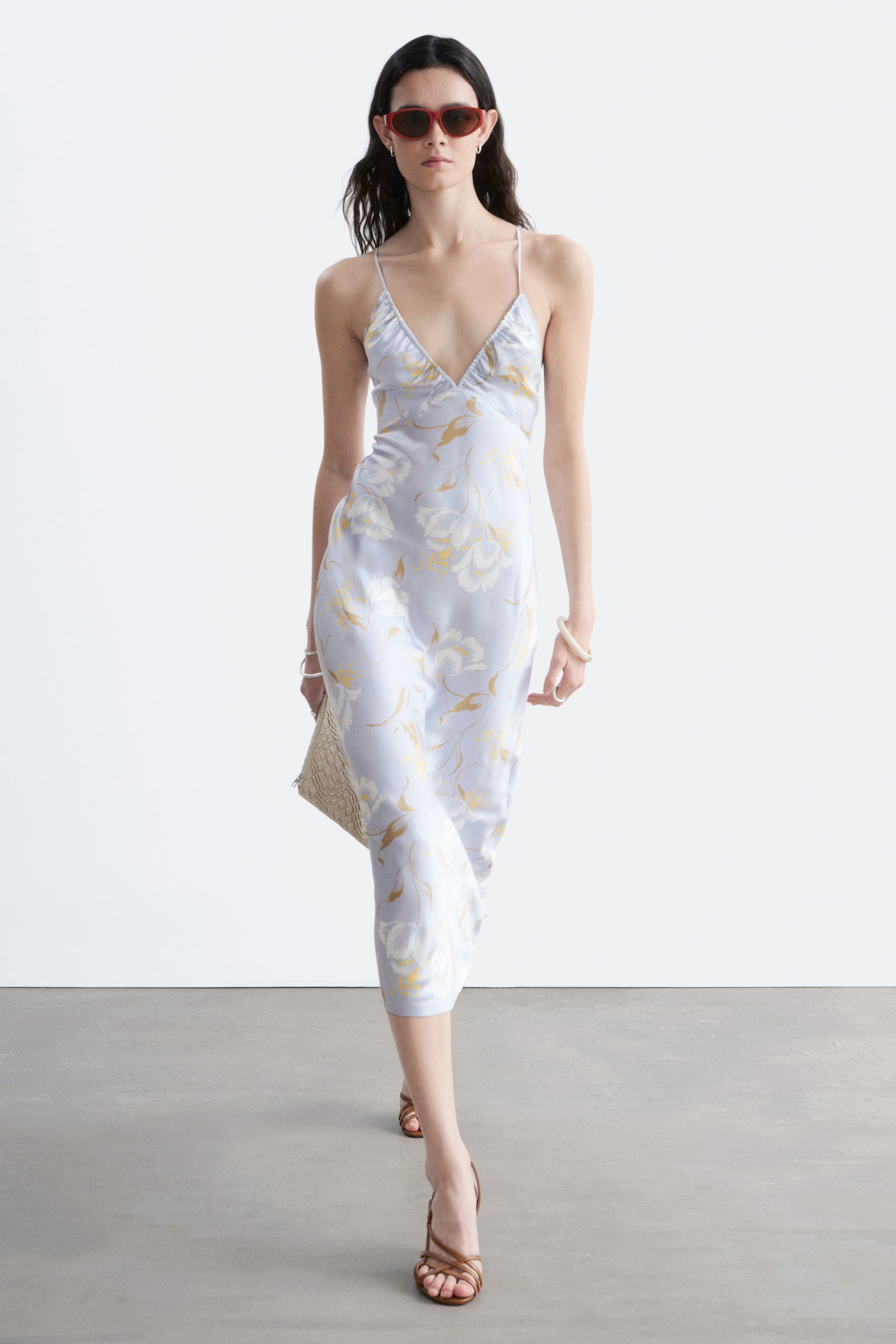 Rochie midi din satin slip - Albastru Deschis/Floral/Maro Închis/Buline/Negru/Floral/Galben/Pink Floral/Model albastru - 1