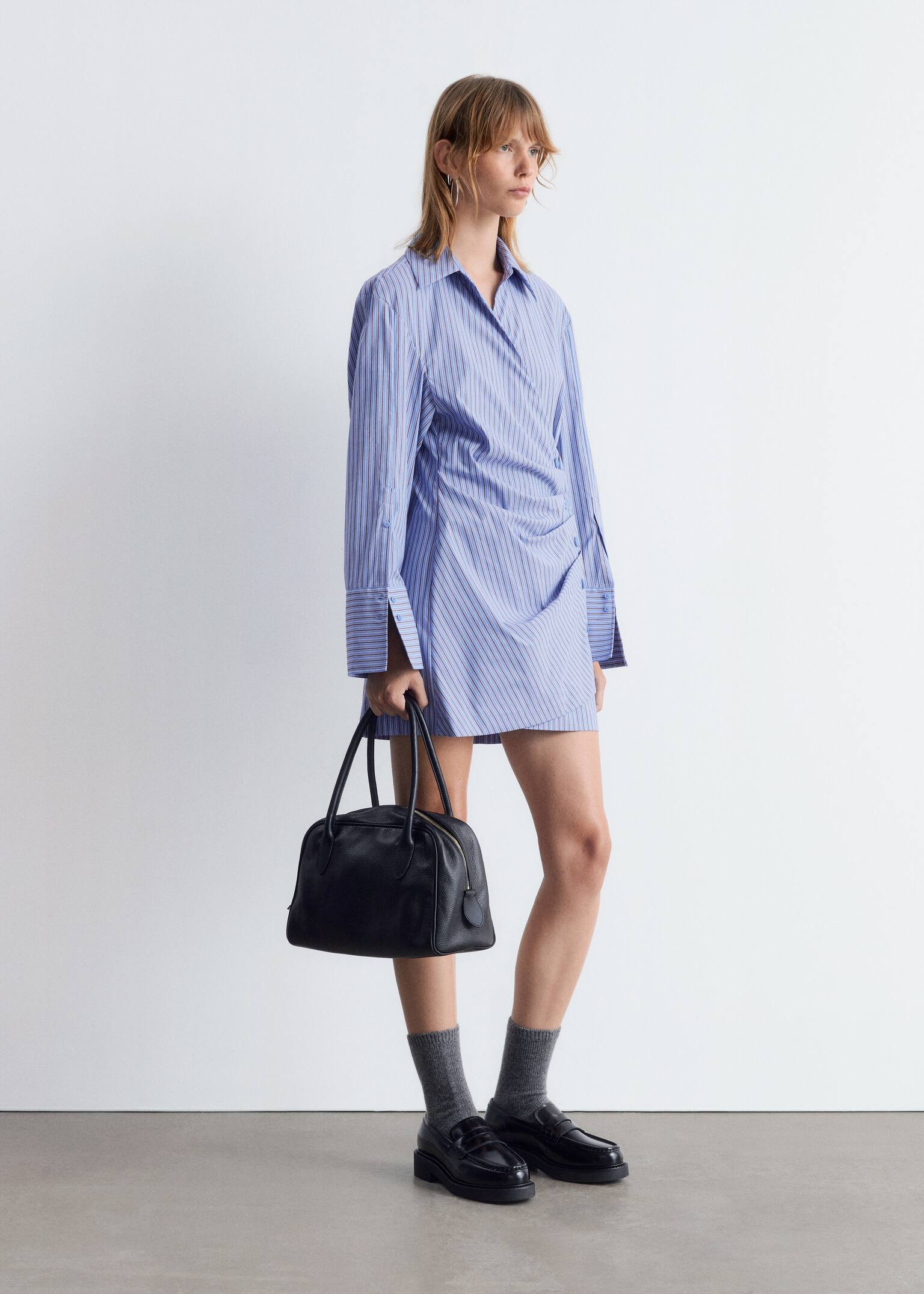 Rochie mini tip cămașă petrecută - Albastru Deschis/Maro Dungi/Dungi Roșu Închis/Roz - 5