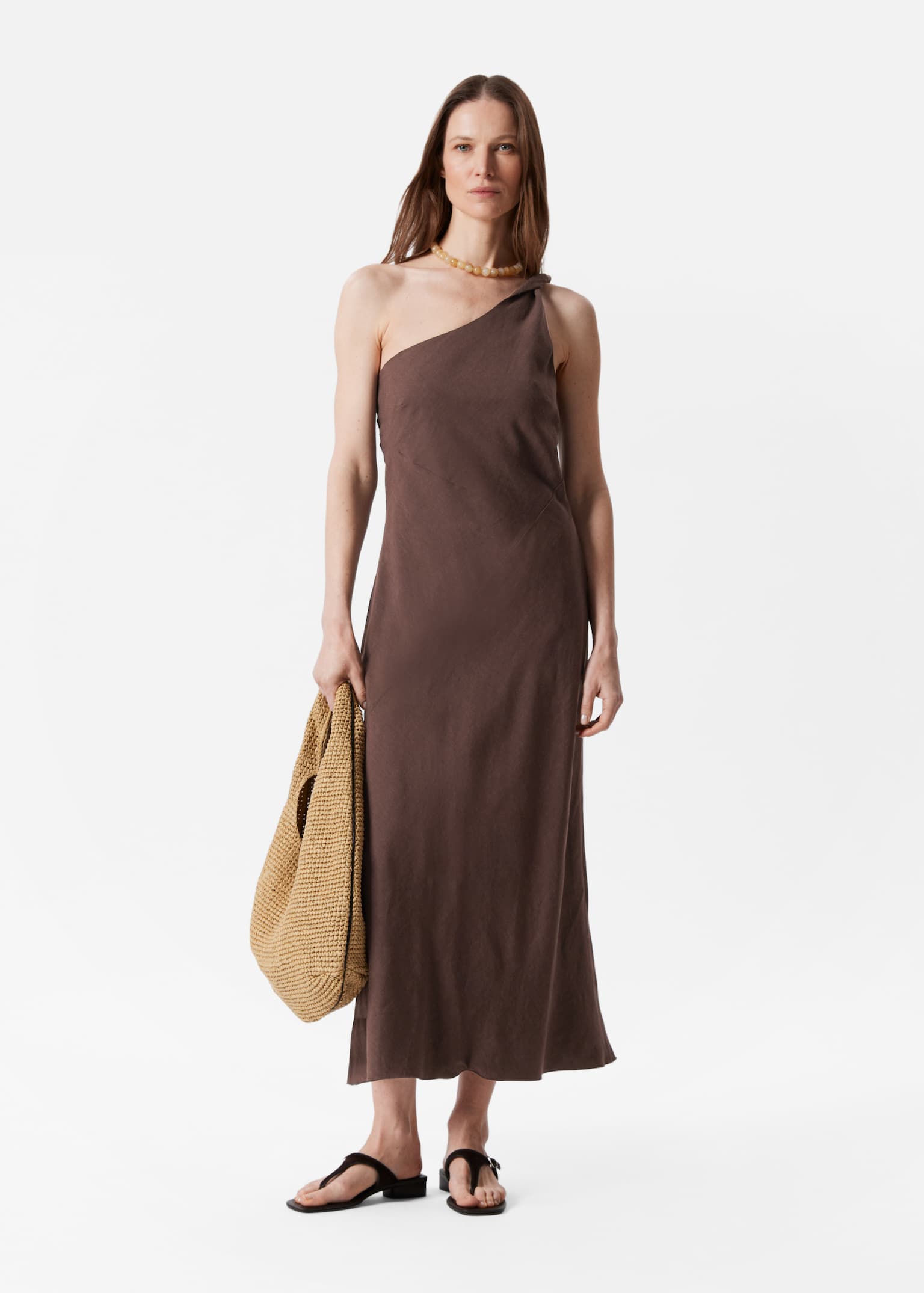 Vestido midi de un solo hombro - Marrón oscuro/Beige/Amarillo pastel