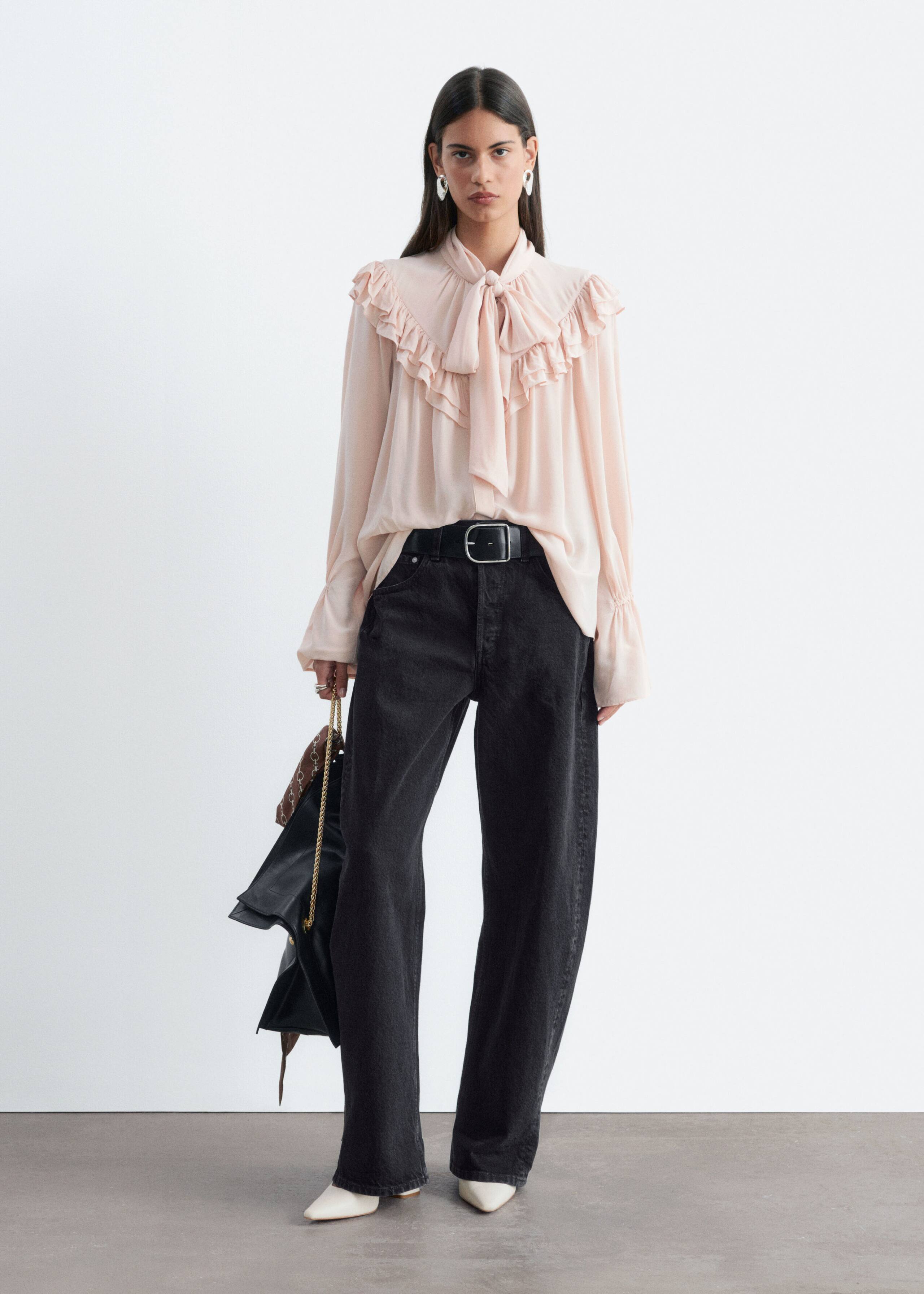 Frill-Detail Scarf Blouse - Beige - Lookbook
