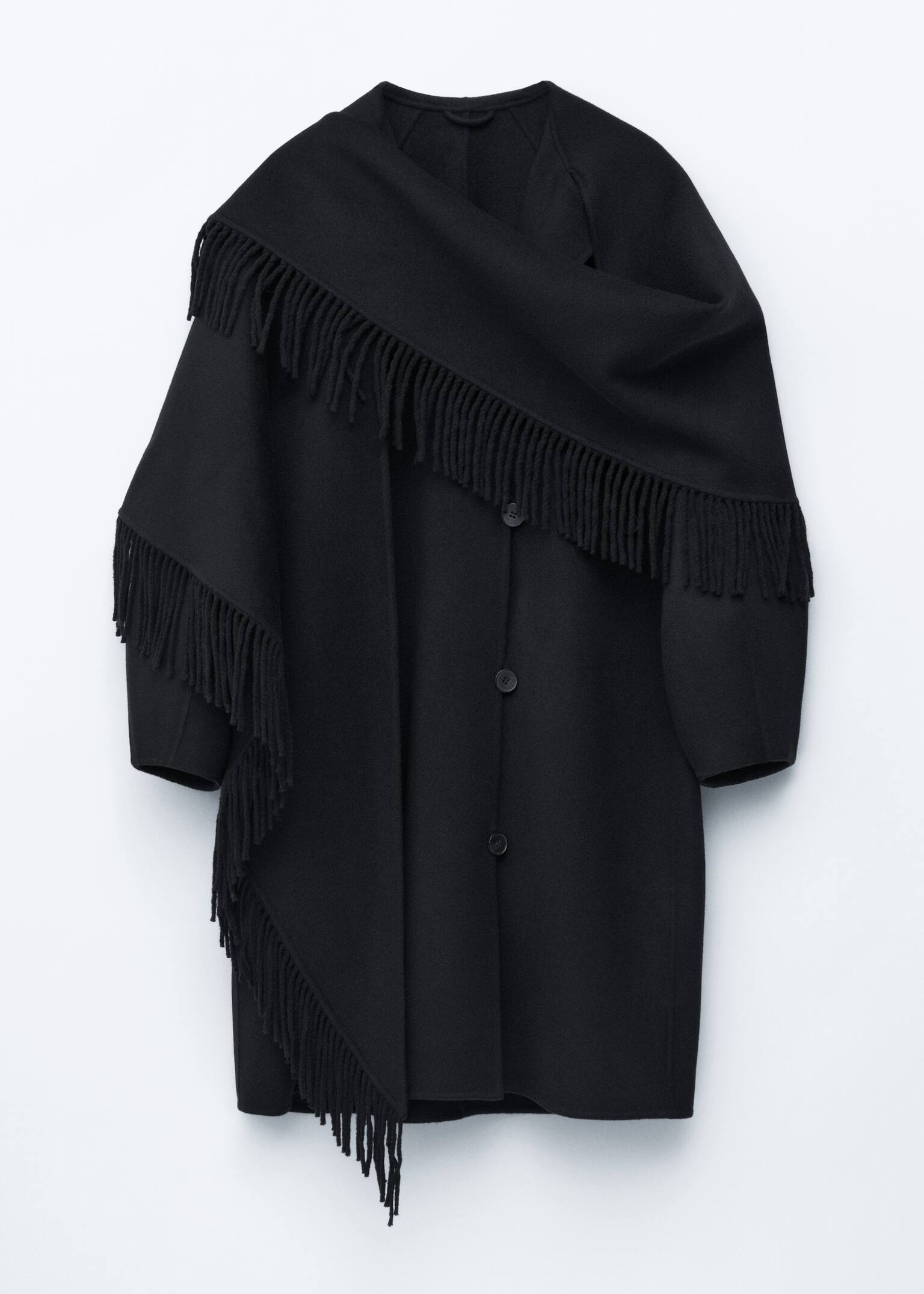 Fringed Shawl Wool Coat - Black - 6