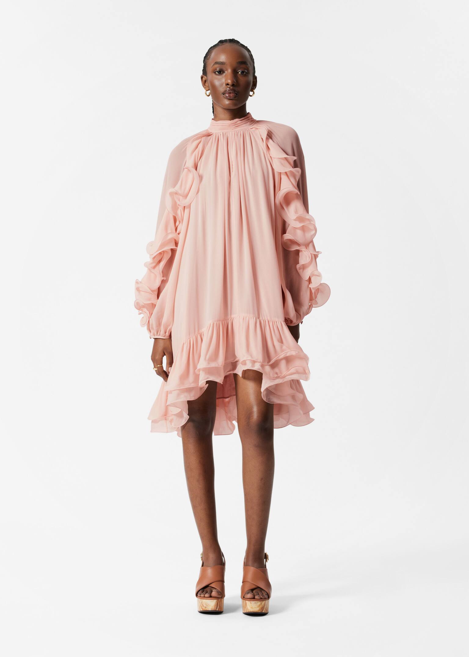 Rochie mini cu volane - Roz prăfuit - 1