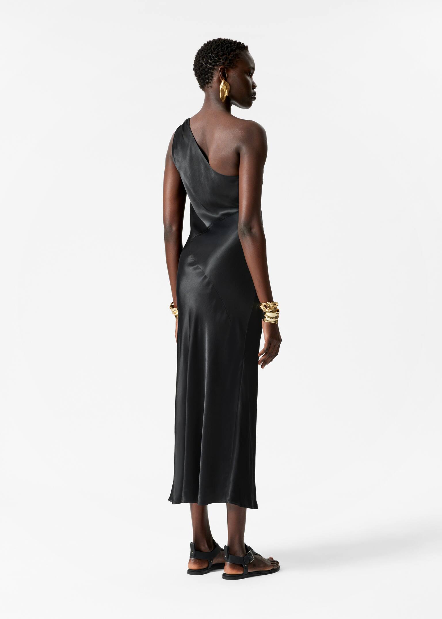 Robe midi asymétrique en satin - Noir/Imprimé abstrait - 5