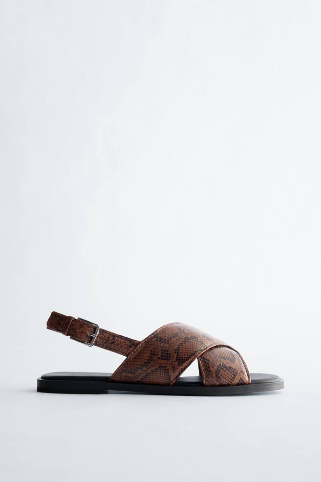 Crossover Leather Sandals - Brown/Faux Snake/Black - 1