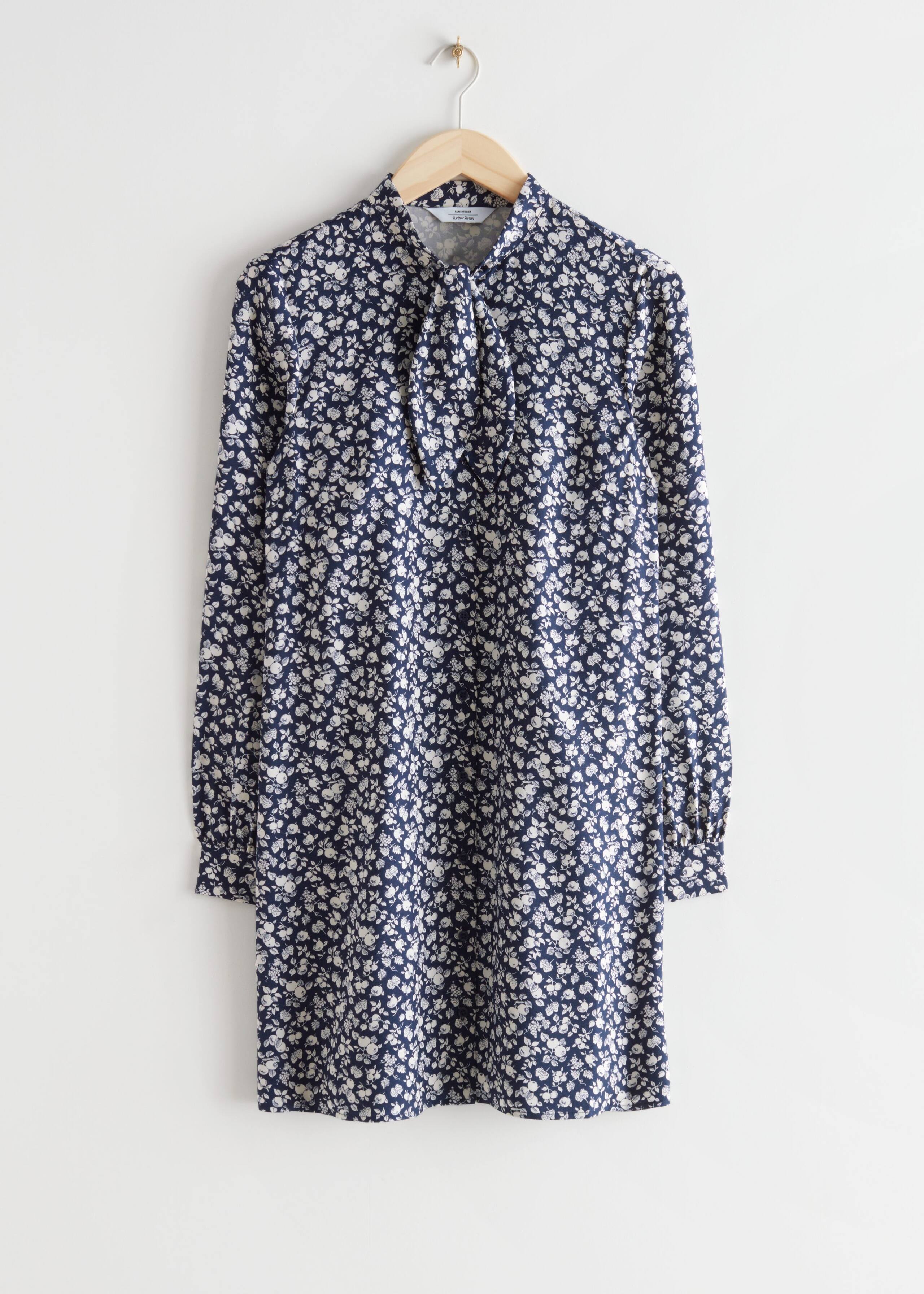 Scarf Collar Mini Dress - Blue Florals - Still Life