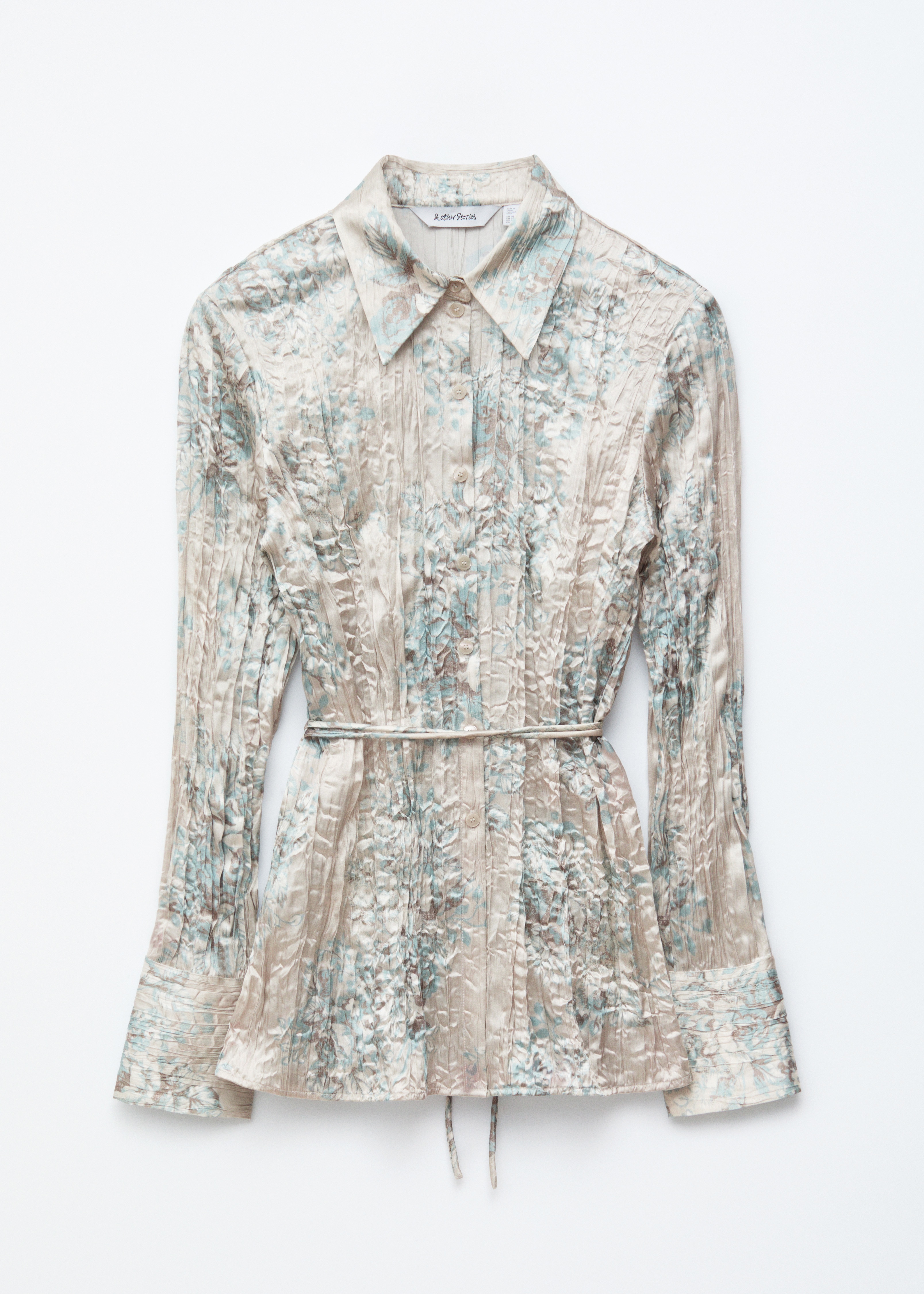 Hemd aus Crêpe mit Bindegürtel - Hellgrau geblümt