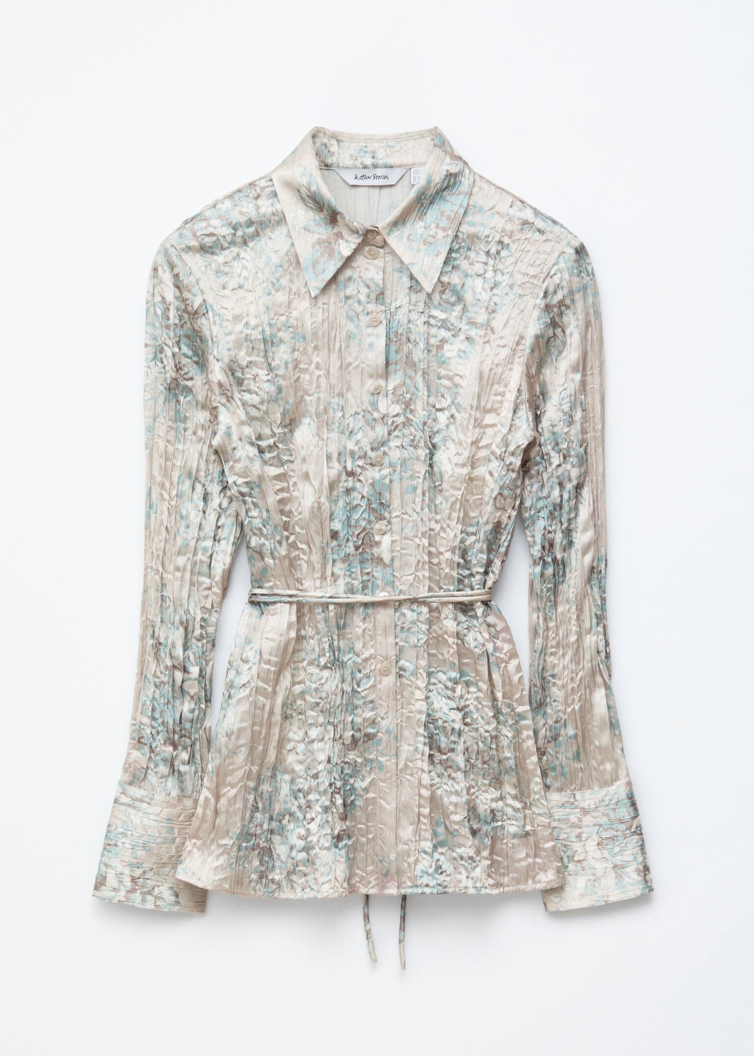 Skjorte i crêpe-stof med bindebælte - Lysegrå blomstret - 2