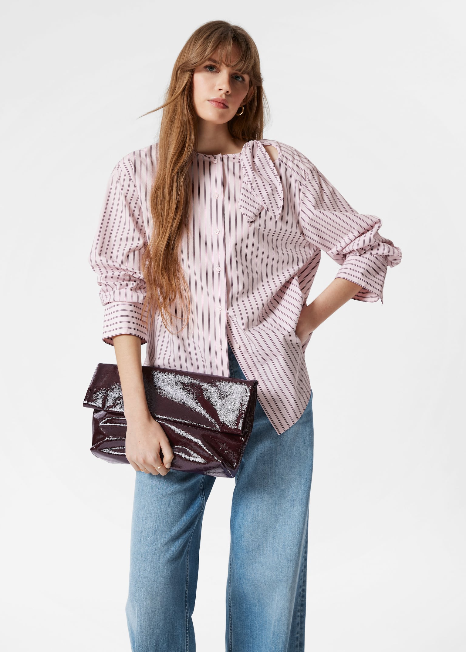 Clutch mit Umschlag - Weinrot/Beigefarbenes Veloursleder/Rot