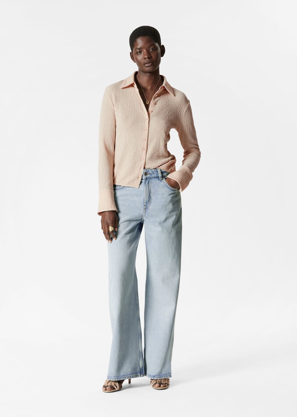 Textured Long-Sleeve Poloshirt - Beige - Lookbook
