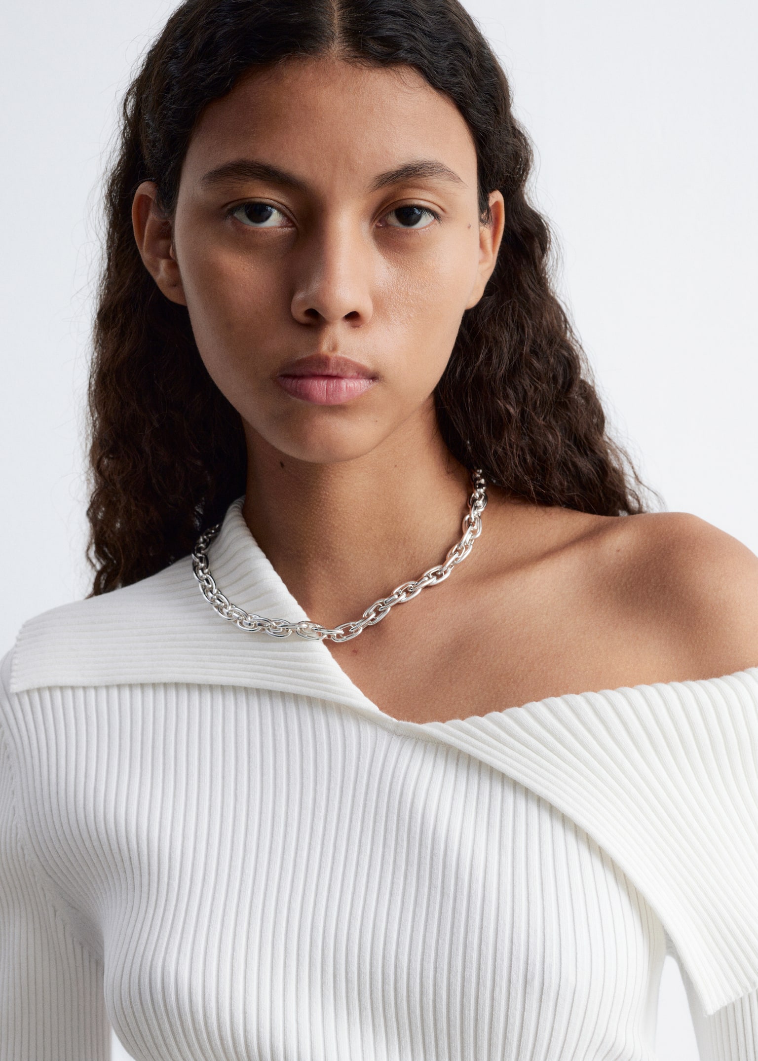 Rib-Knit Off-Shoulder Top - White/Black - 4