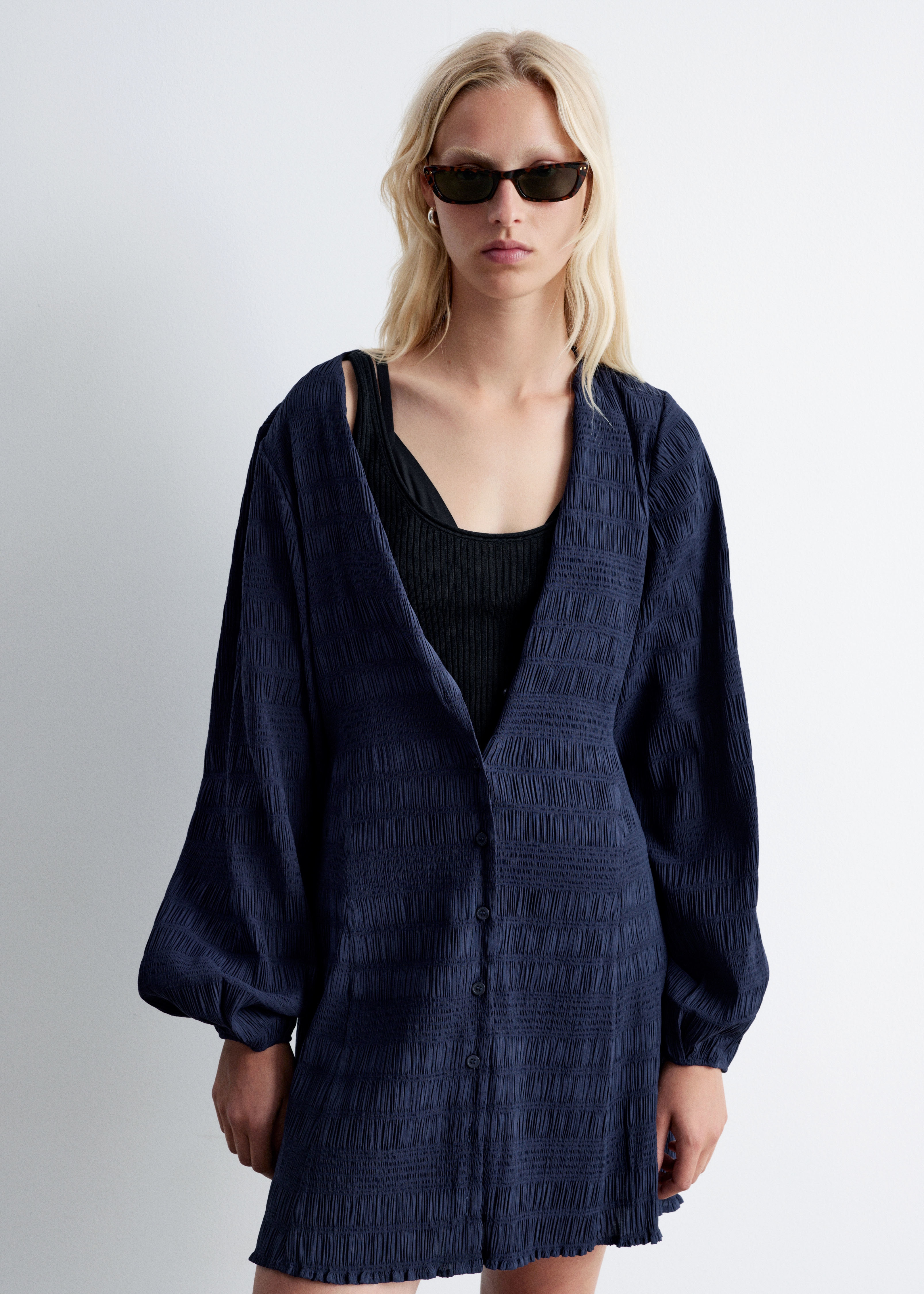 Minikjole med vaffelsøm og ballongermer - Mørkeblå/Mørk brun