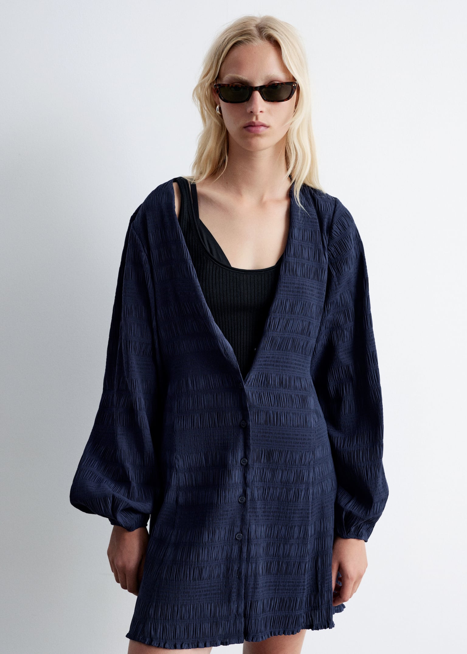 Smocked Balloon-Sleeve Mini Dress - Dark Blue/Dark Brown