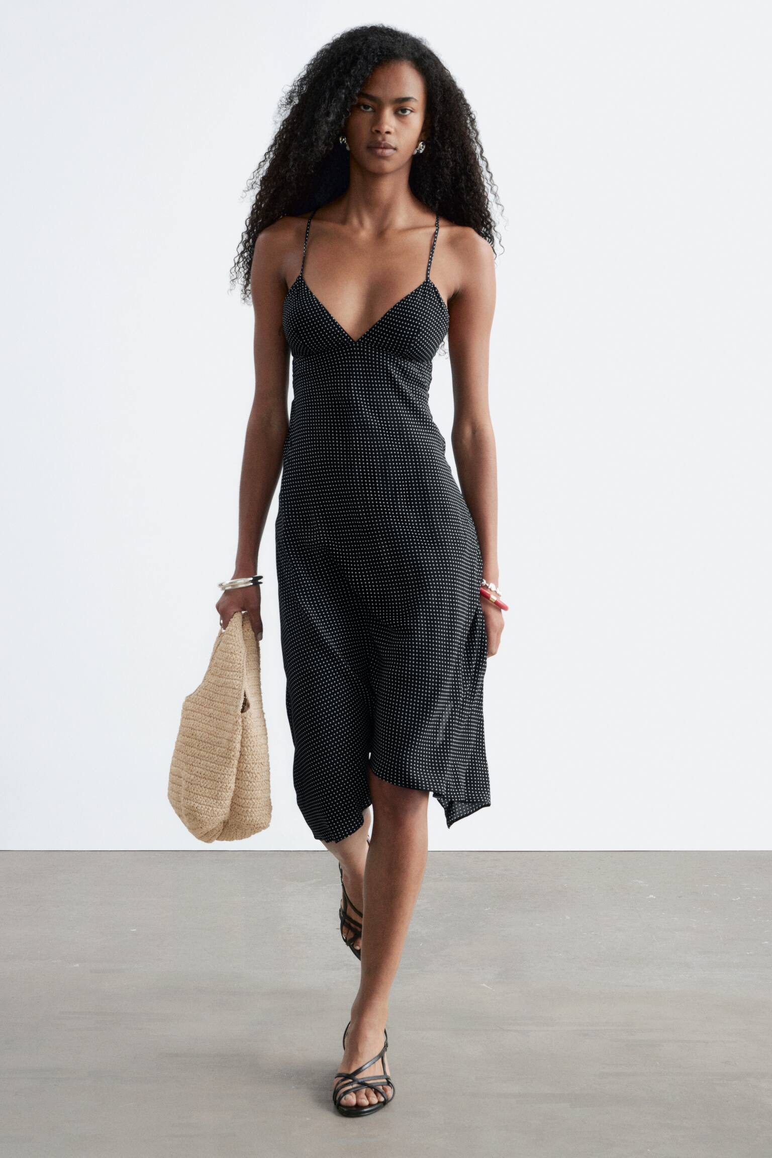 Dotted Slip Midi Dress - Black/Micro Dots - 1