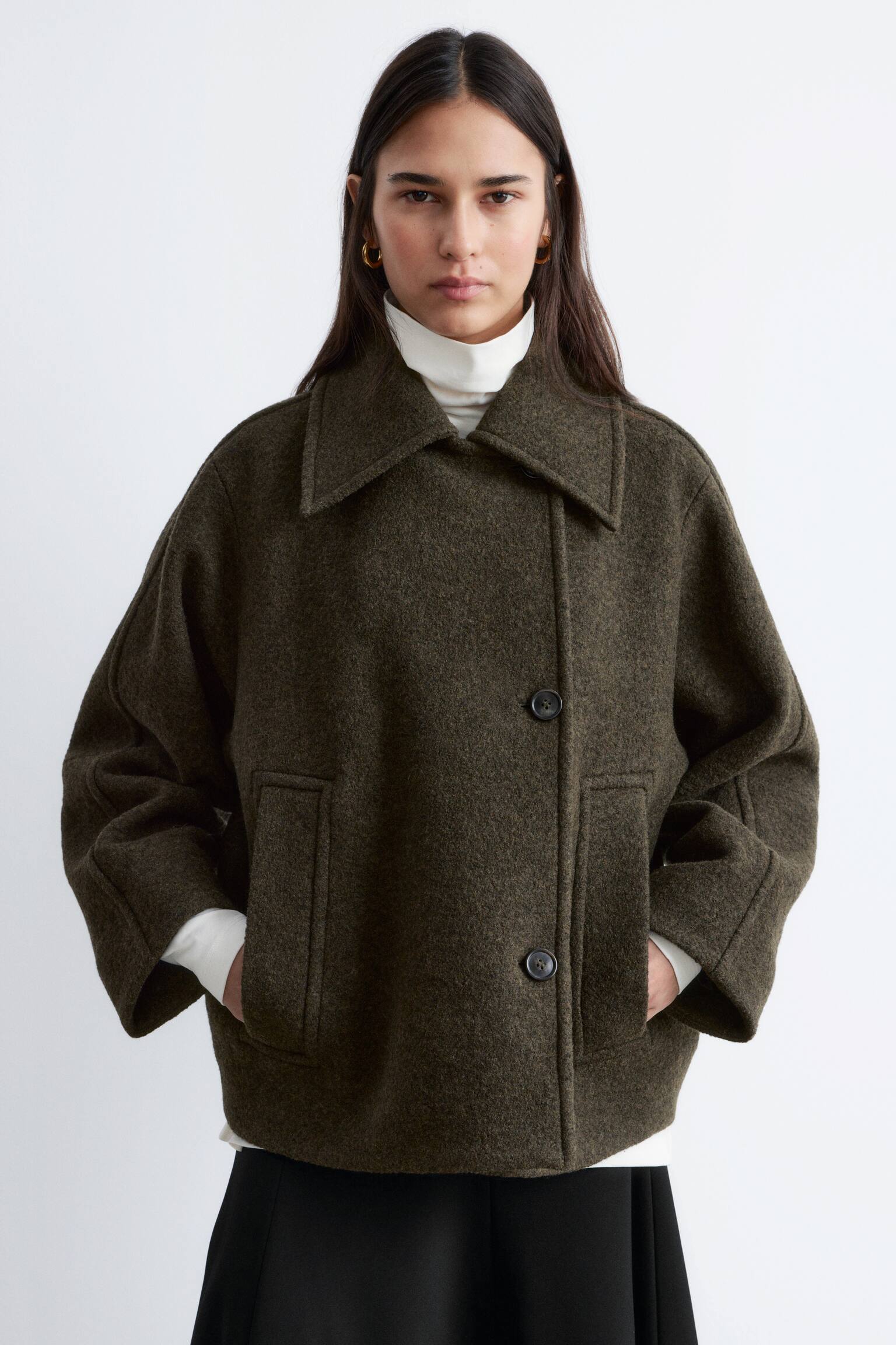 Wełniana kurtka oversize - Ciemnozielony khaki/Czarny - 3