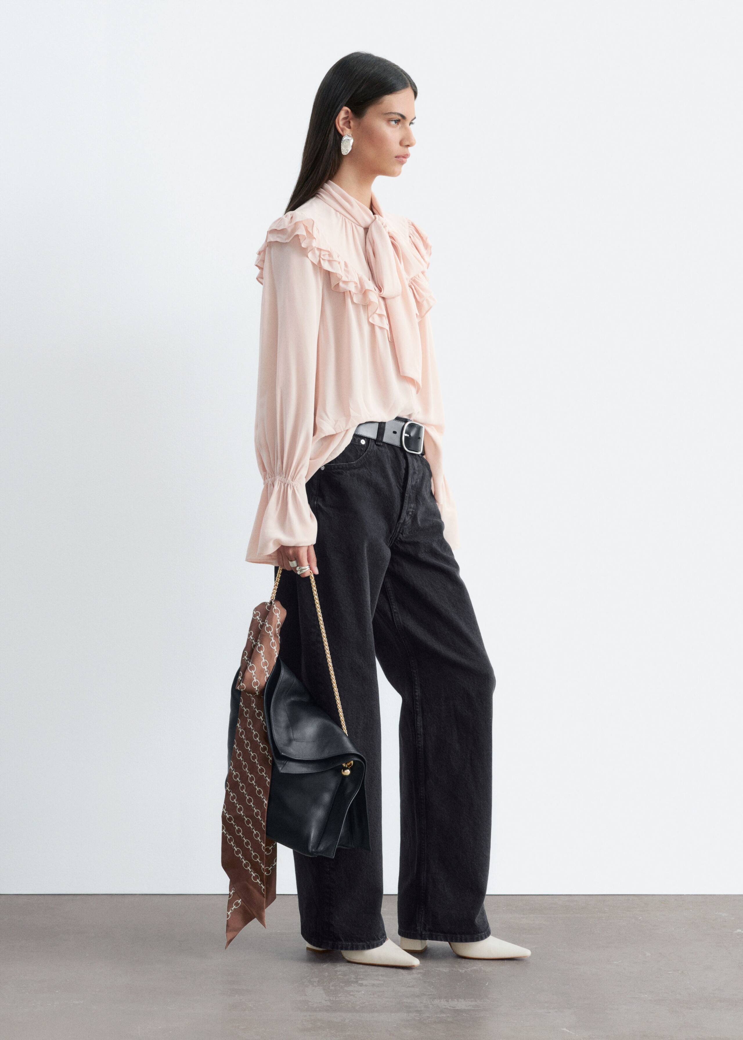 Frill-Detail Scarf Blouse - Beige - Lookbook