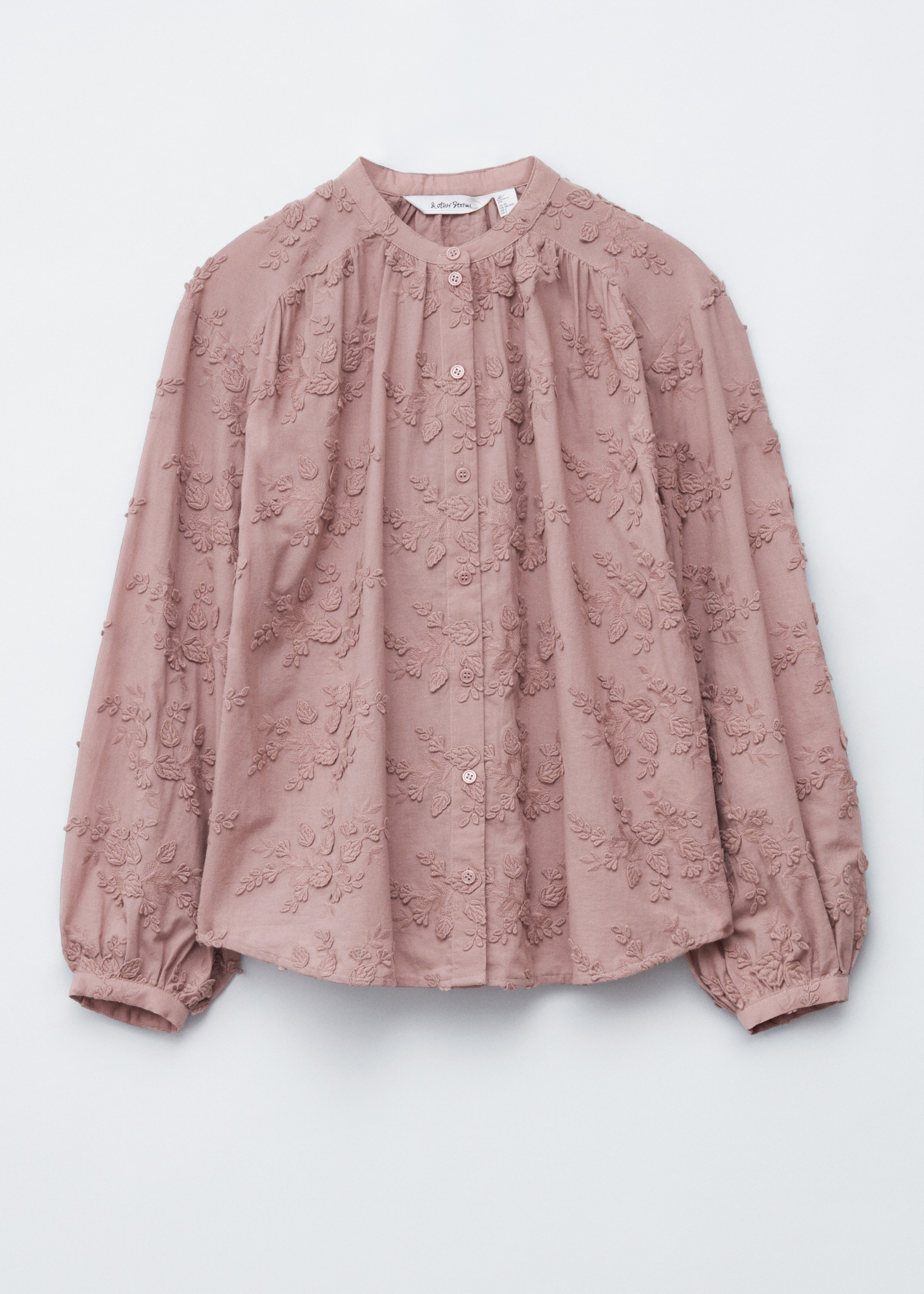 Voluminous Floral-Appliqué Blouse - Dusty Pink Embroidery/Dark Red/White/Petrol