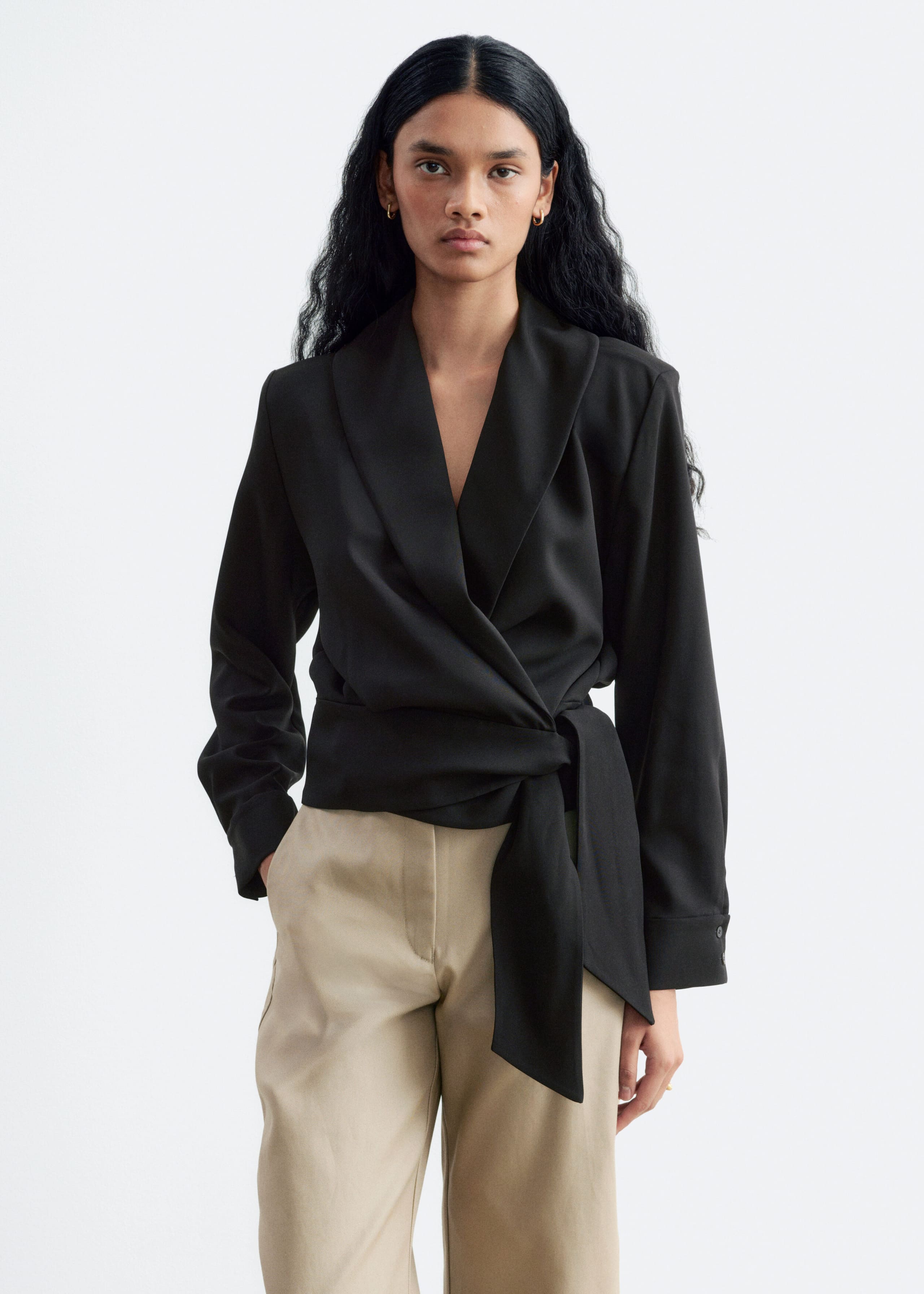 Shawl-Collar Wrap Blouse - Black - Lookbook