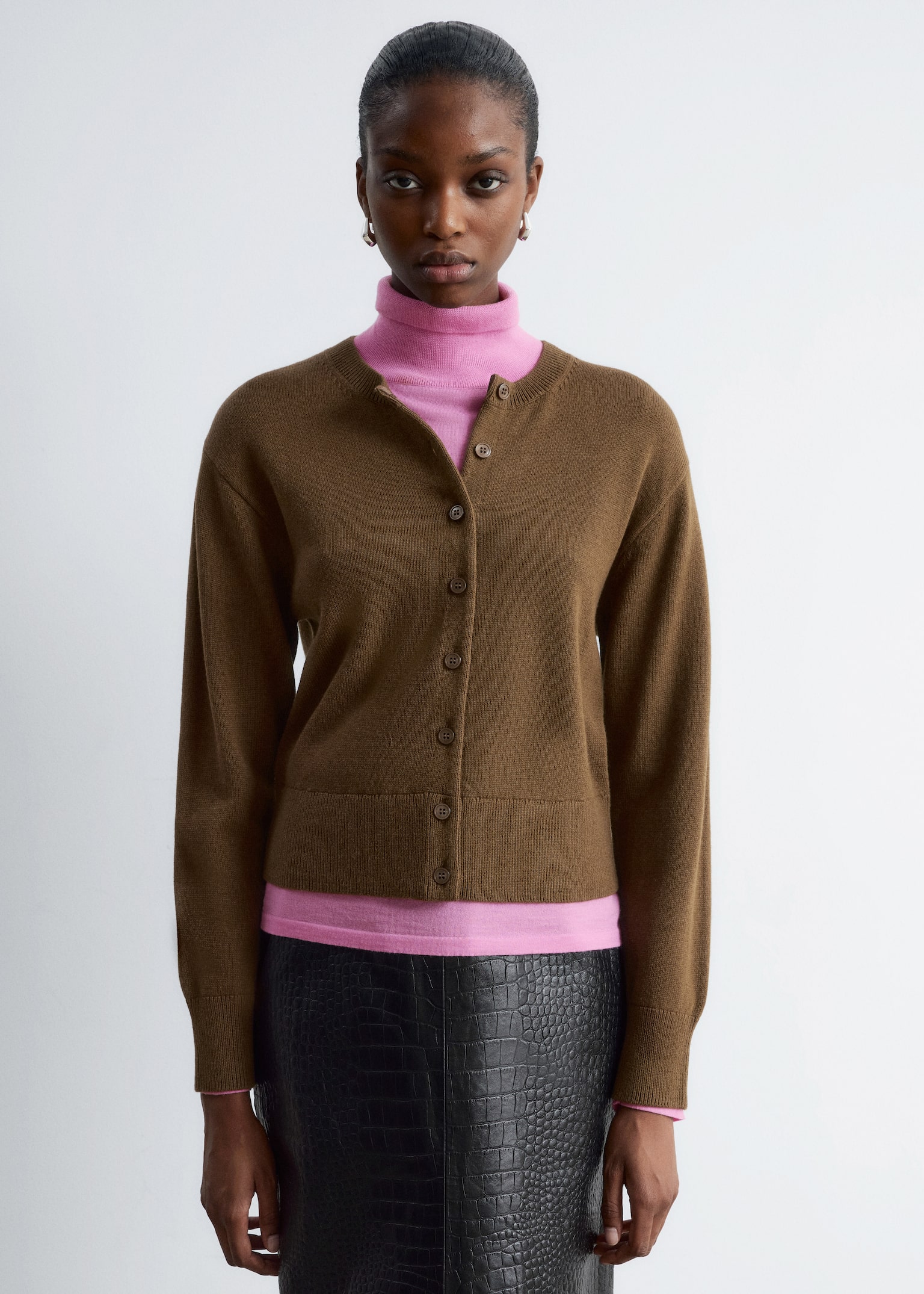 Gyapjúkeverék kardigán - Világosbarna/Sötétvörös/Fekete - 4