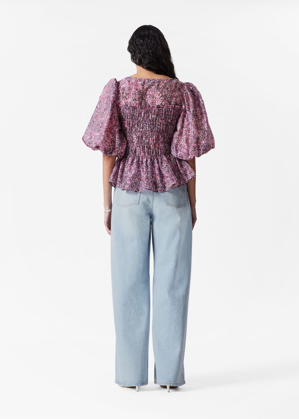 Image of Blusa mangas abullonadas y fruncido nido de abeja