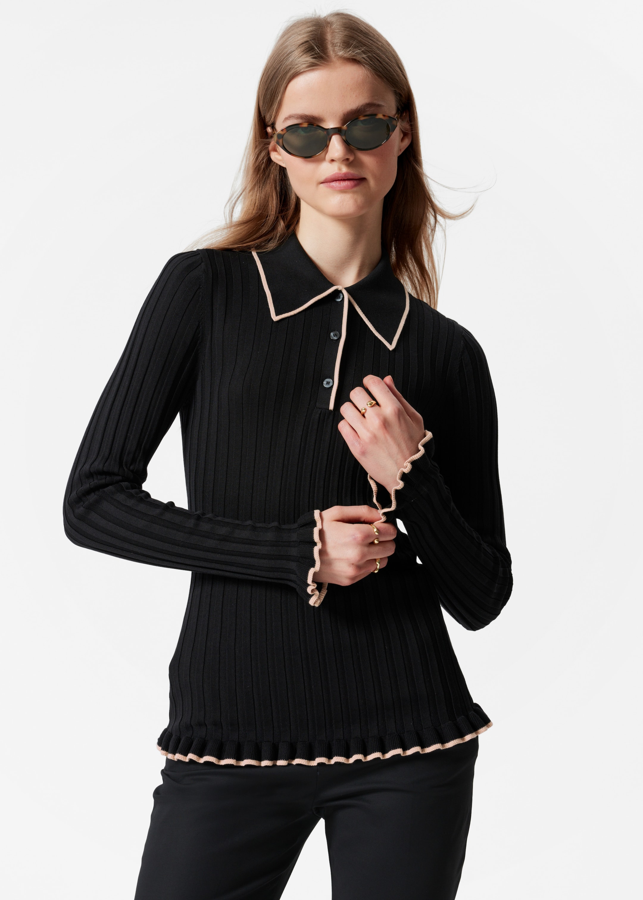 Zobacz większy obraz: Koszulka polo z dzianiny w prążki - Czarny - ONA | H&M PL 1