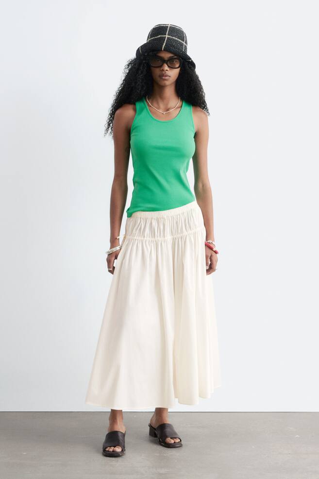 Cotton Drawstring Midi Skirt - White/Brown - 1
