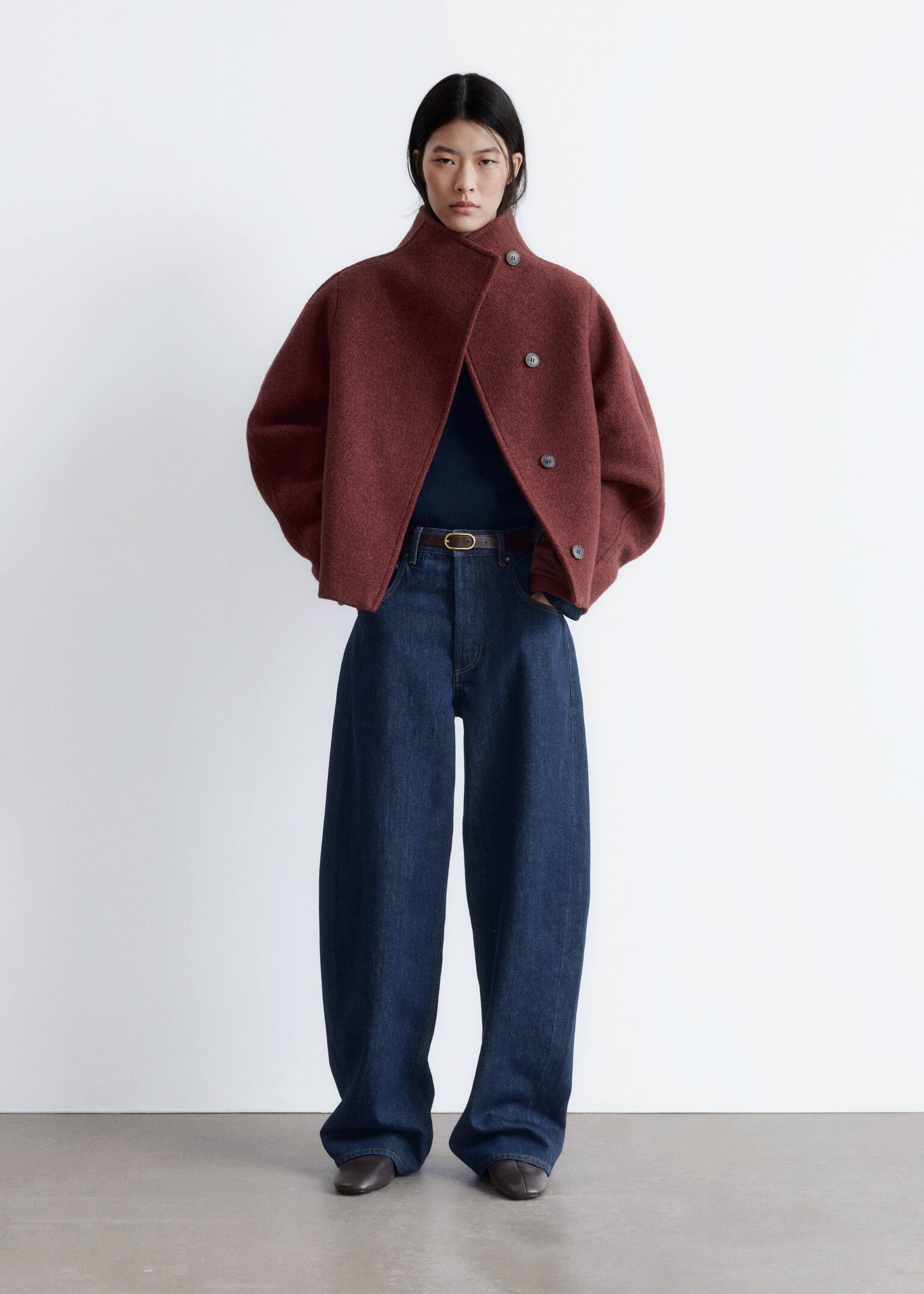 Asymmetric Wool Jacket - Sötétvörös/Fekete/Vakond - 3