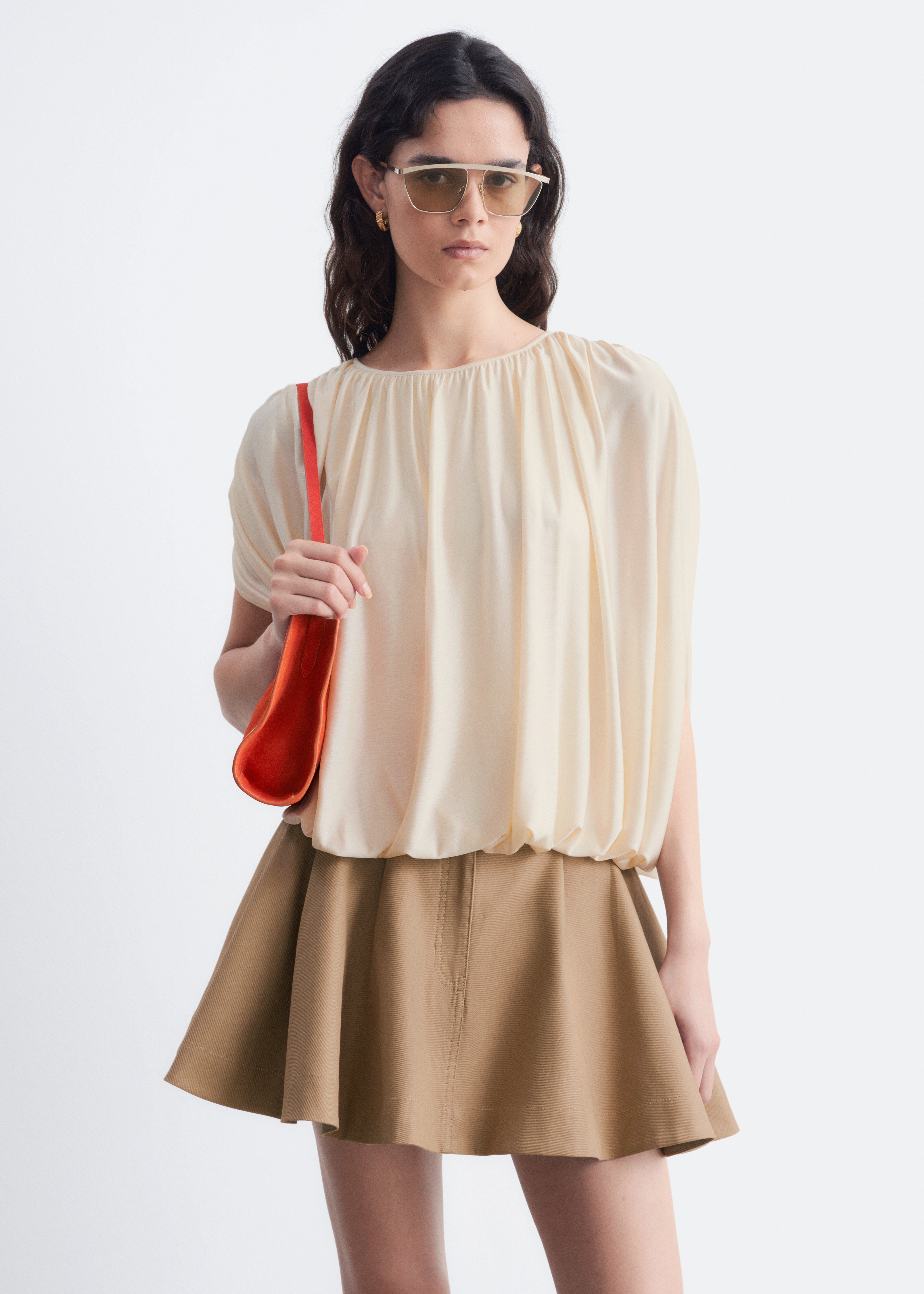 Draped Jersey Top - Light Beige/Dark Brown