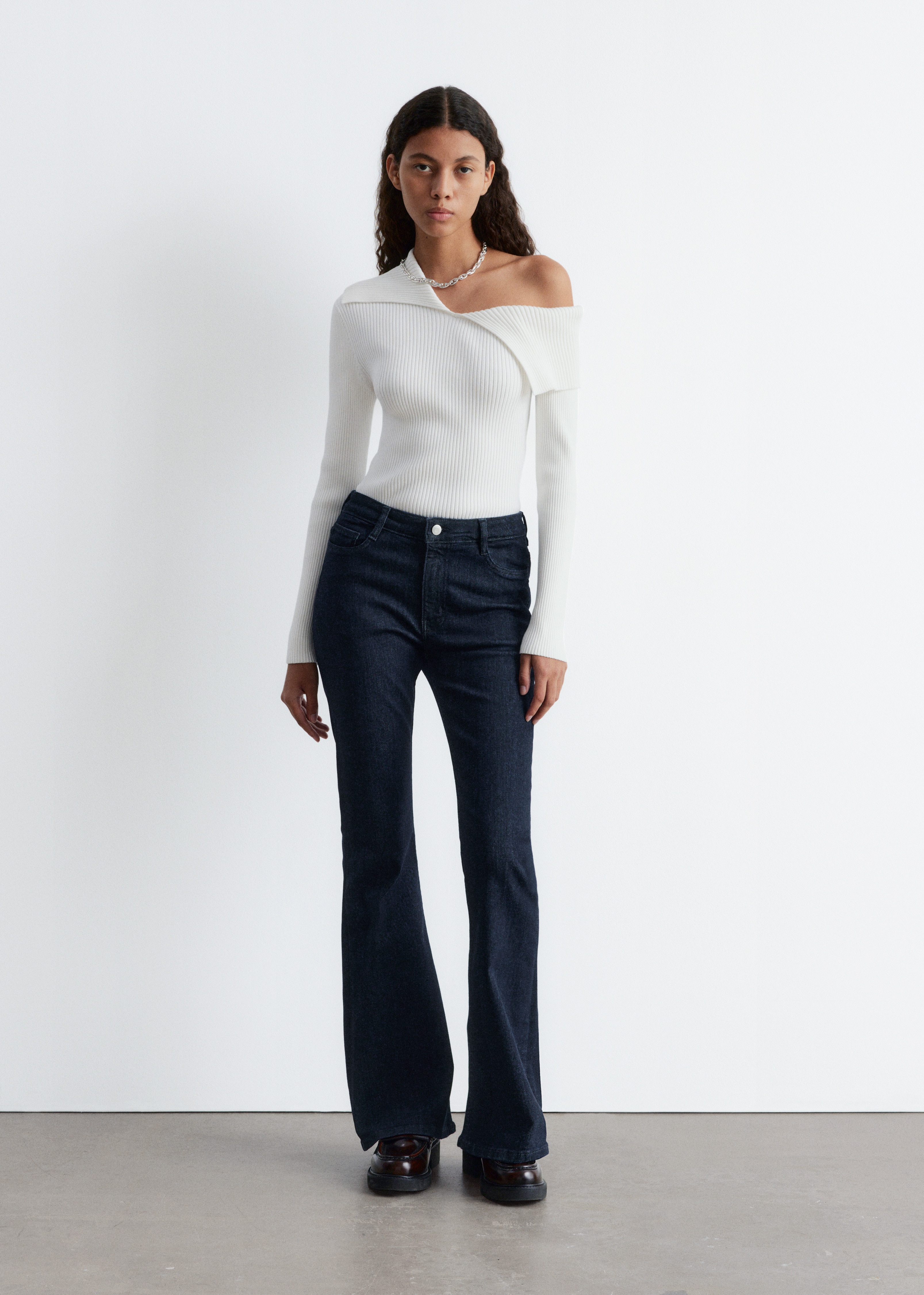 Top Rib-Knit Off-Shoulder - Alb/Negru