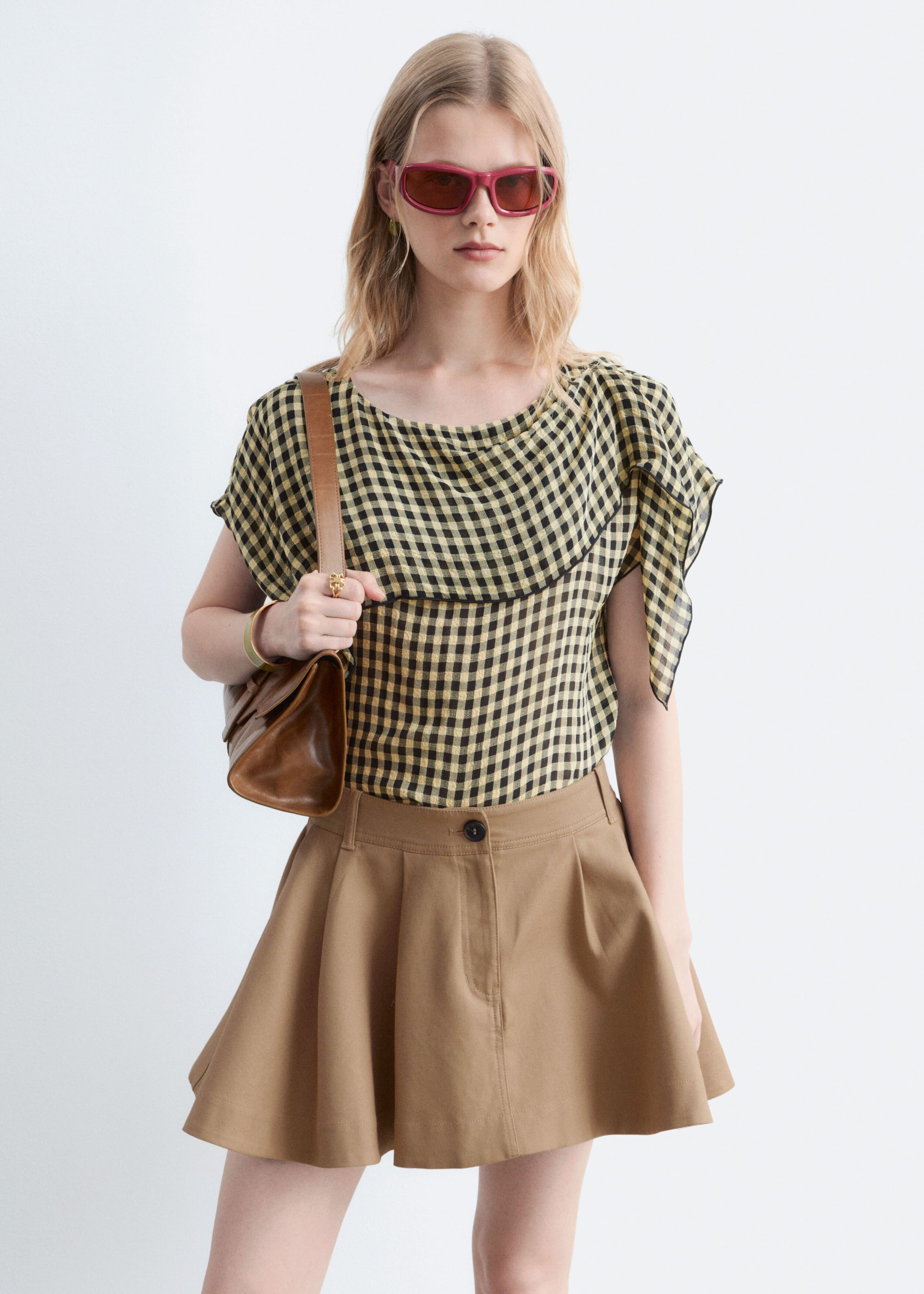 Scarf-Detail Boat-Neck Top - Charcoal/Checked - Lookbook