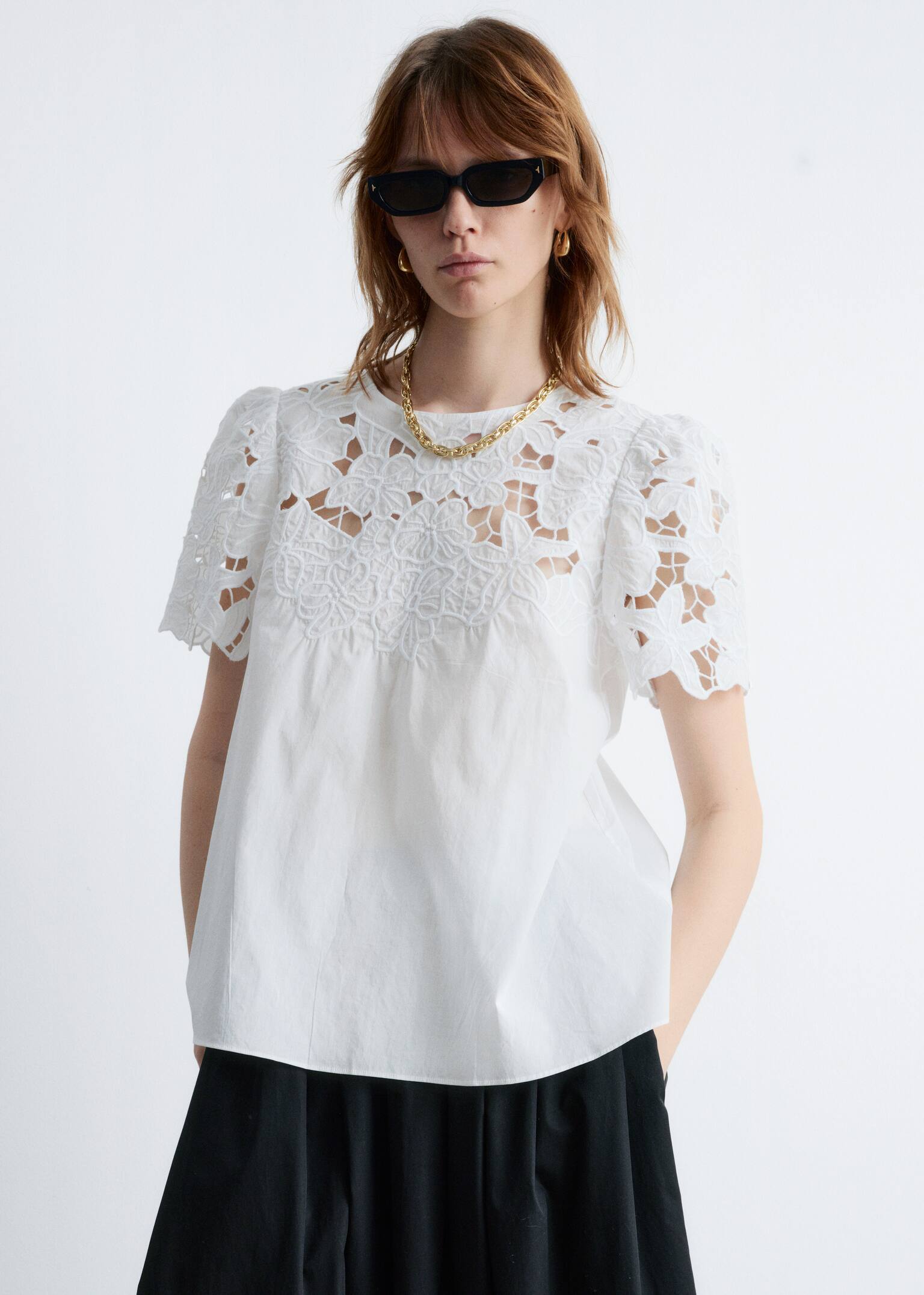 Blusa de manga corta con bordado floral - Blanco/Crudo - 5