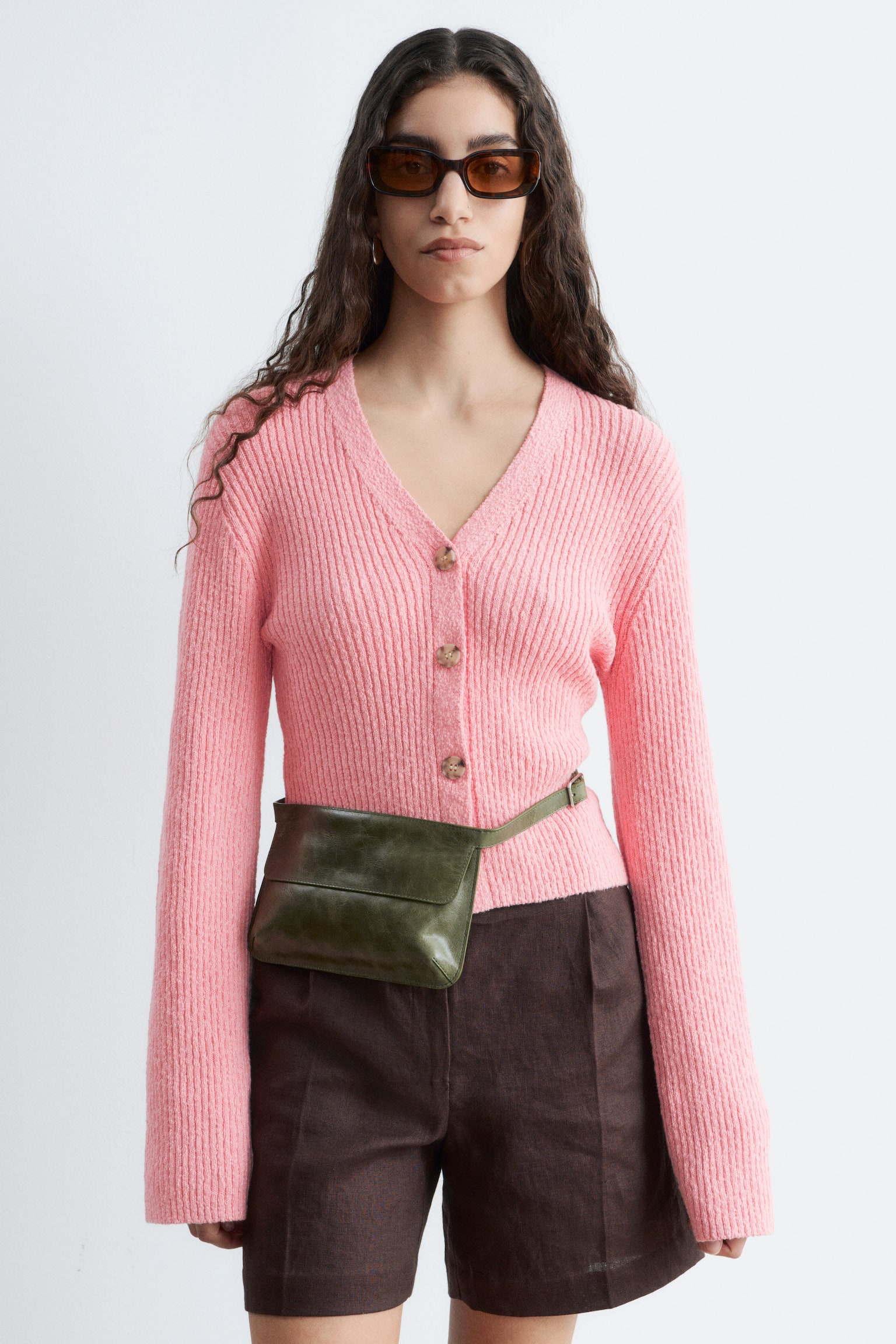 Ribbstickad bomullscardigan - Rosa/Vit/Beige - 1