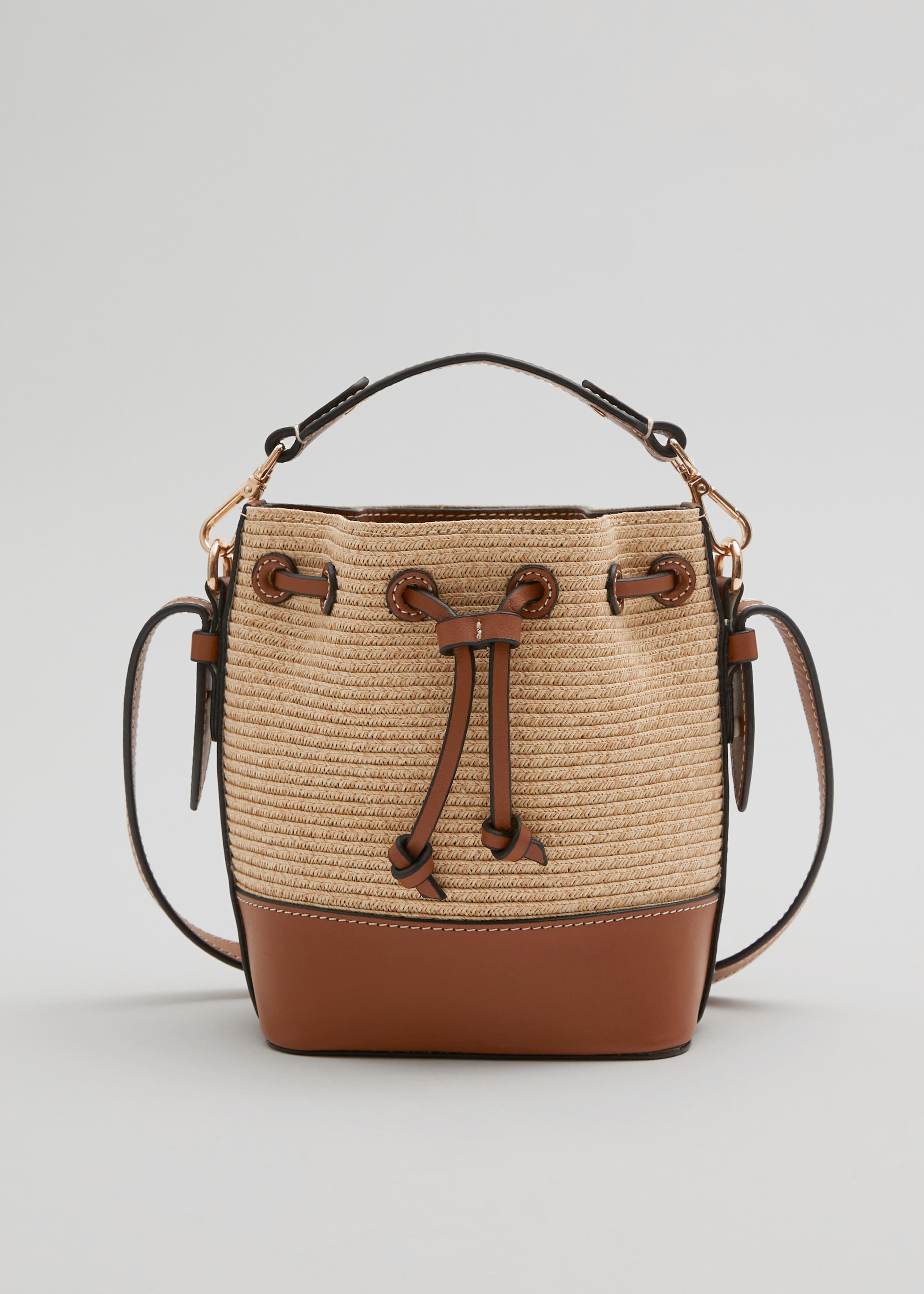 SmallLeatherTrimmedStrawBucket - Ecru - Natura morta